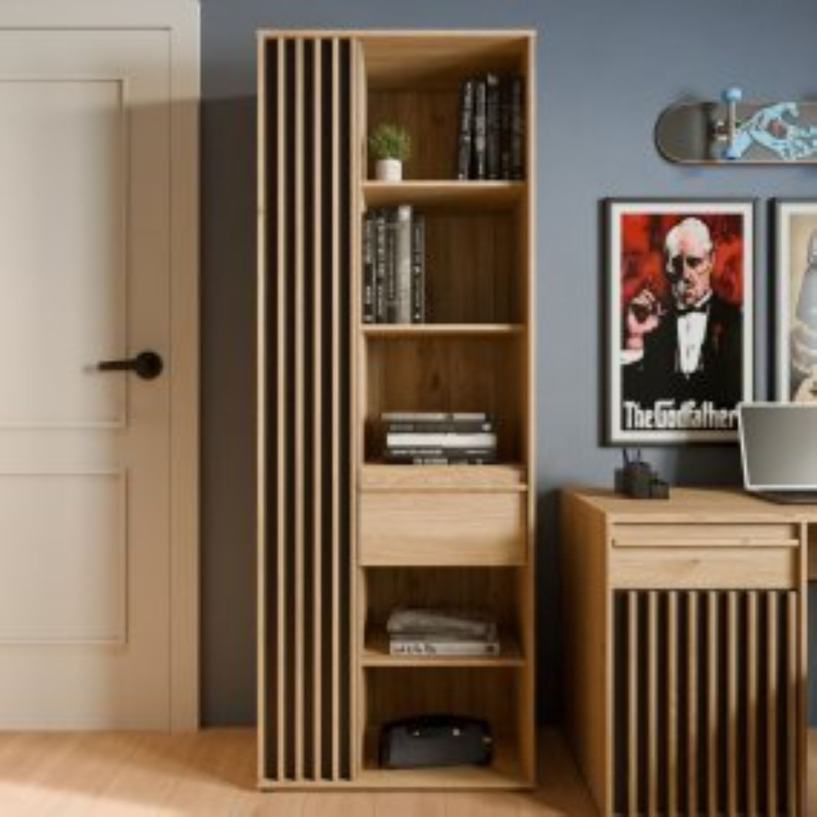 FORTE Jugendzimmer-Set Jugendzimmer Arank Bett Regal Schreibtisch Nako Eiche Hell & Schwarz, (4-tlg)