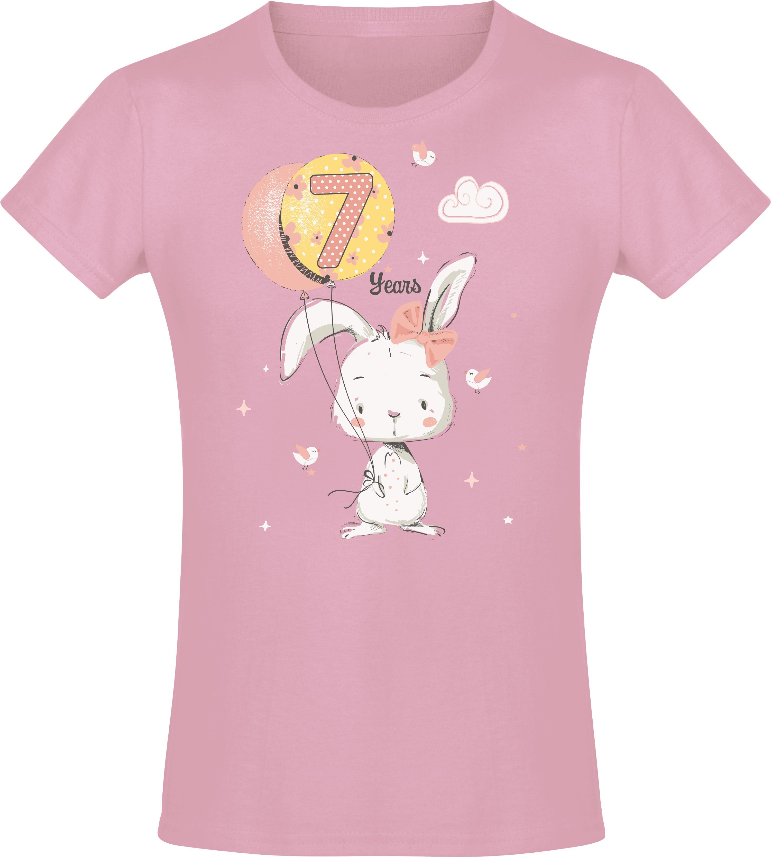 Baddery Print-Shirt Geburstagsgeschenk für Mädchen : 7 Jahre mit Hase hochwertiger Siebdruck, aus Baumwolle Light Pink