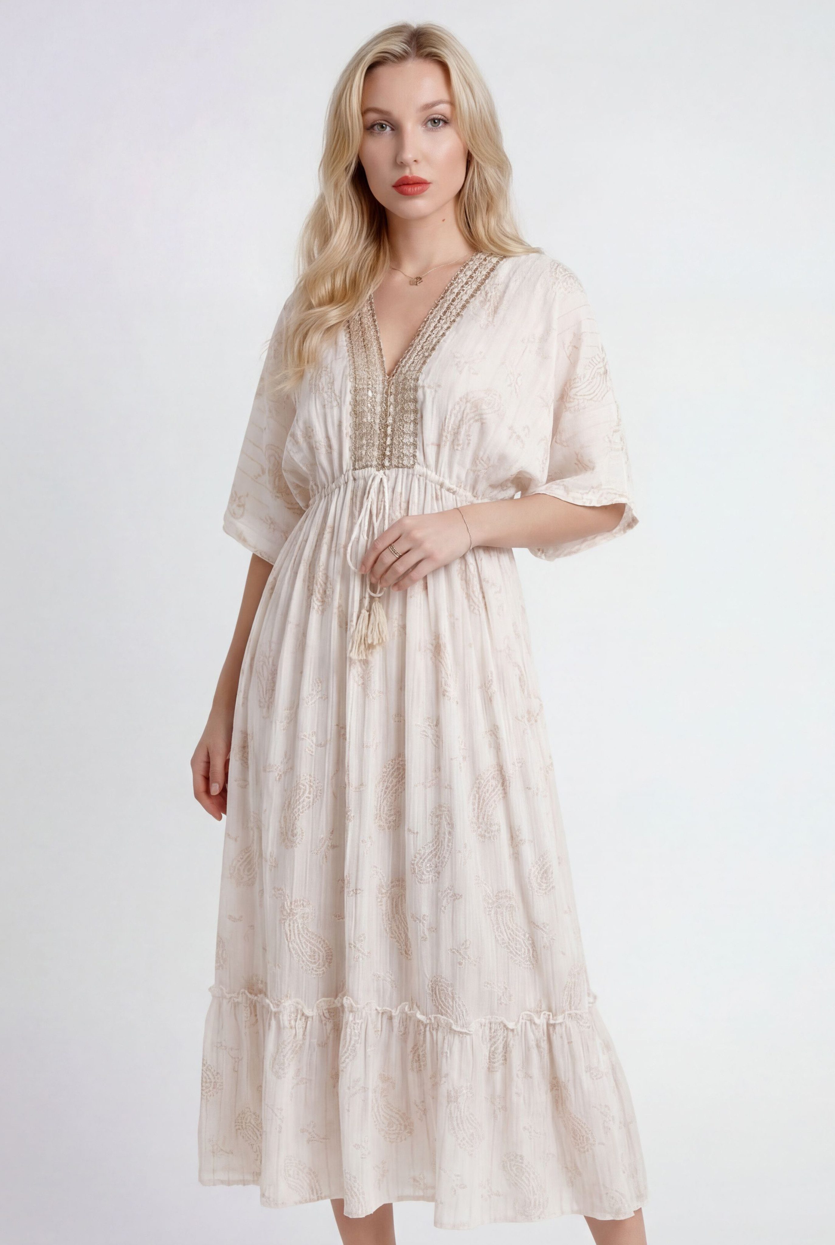 YC Fashion & Style Maxikleid Boho-Sommerkleid mit goldfarbenem Paisley-Print One Size 34-40 aus Visksose