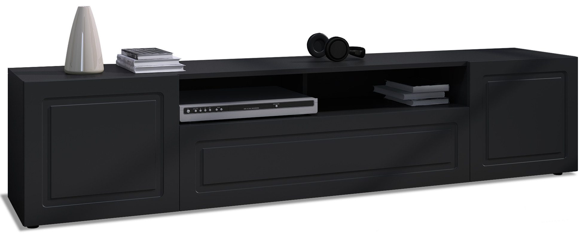 Möbelhandel Klipenstein Lowboard Rom, TV Kommode Fernsehtisch 181 cm, Landhausstil, Schwarz matt