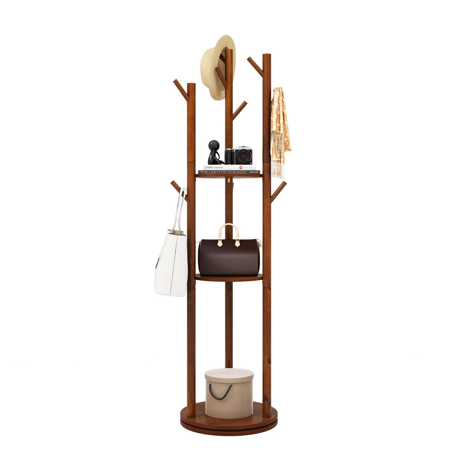COSTWAY Kleiderständer, drehbar, Holz, mit 3 Ablagen & 9 Haken, 167cm