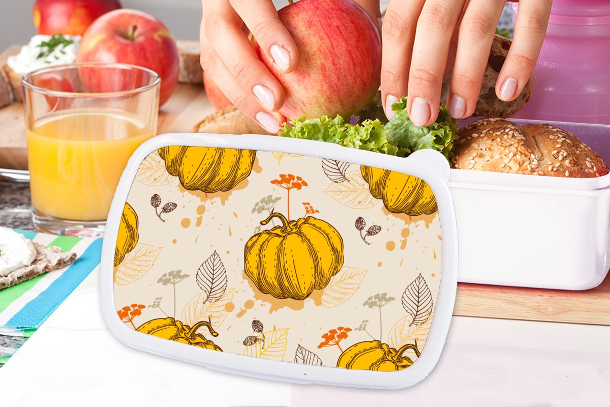 Lunchbox für und weiß Jungs Mädchen Herbst Muster, (2-tlg), - Erwachsene, MuchoWow Brotdose, für - Kürbis Kunststoff, Brotbox Kinder und