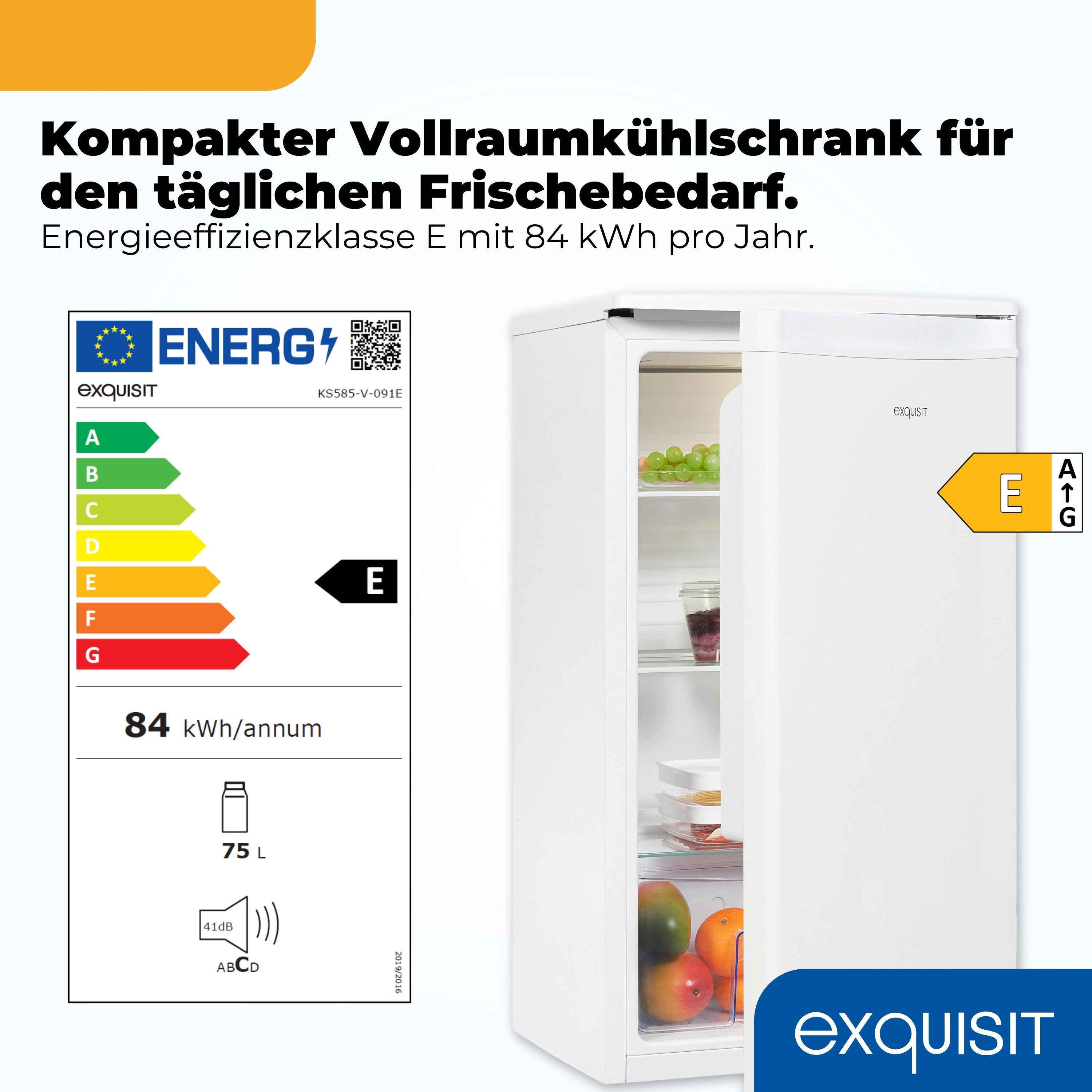 exquisit Vollraumkühlschrank KS585-V-091E, 84.3 cm hoch, 45 cm breit, 75 l Nutzinhalt, LED Beleuchtung, 41 dB Geräuschklasse C