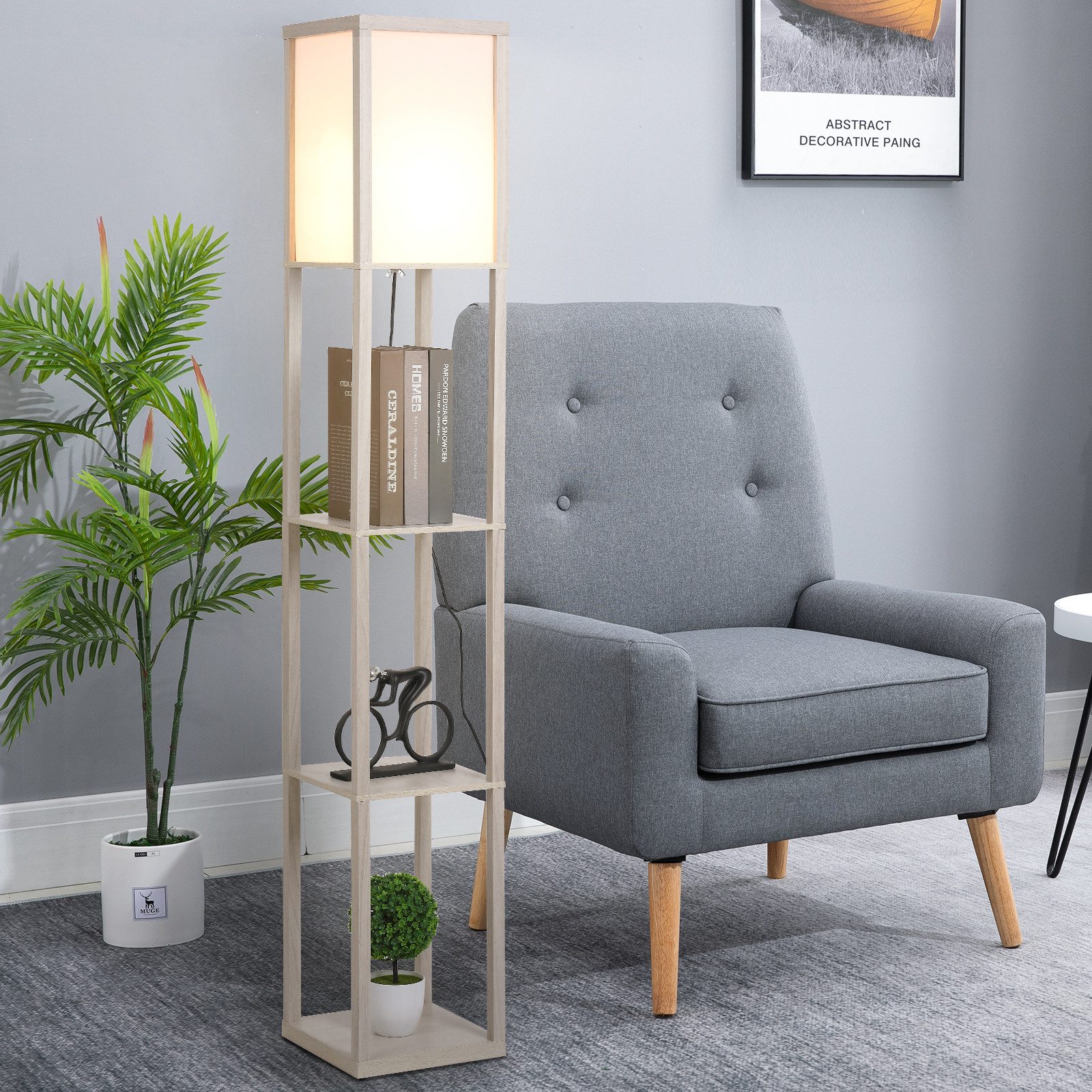 HOMCOM Stehlampe Stehlampe mit Regalen E27 40W Nachttischlampe Acryl Lampenschirm, Ablagefächer, Lichtquelle, Fußschalter, ohne Leuchtmittel, Stehlampe mit Ablagen, platzsparend