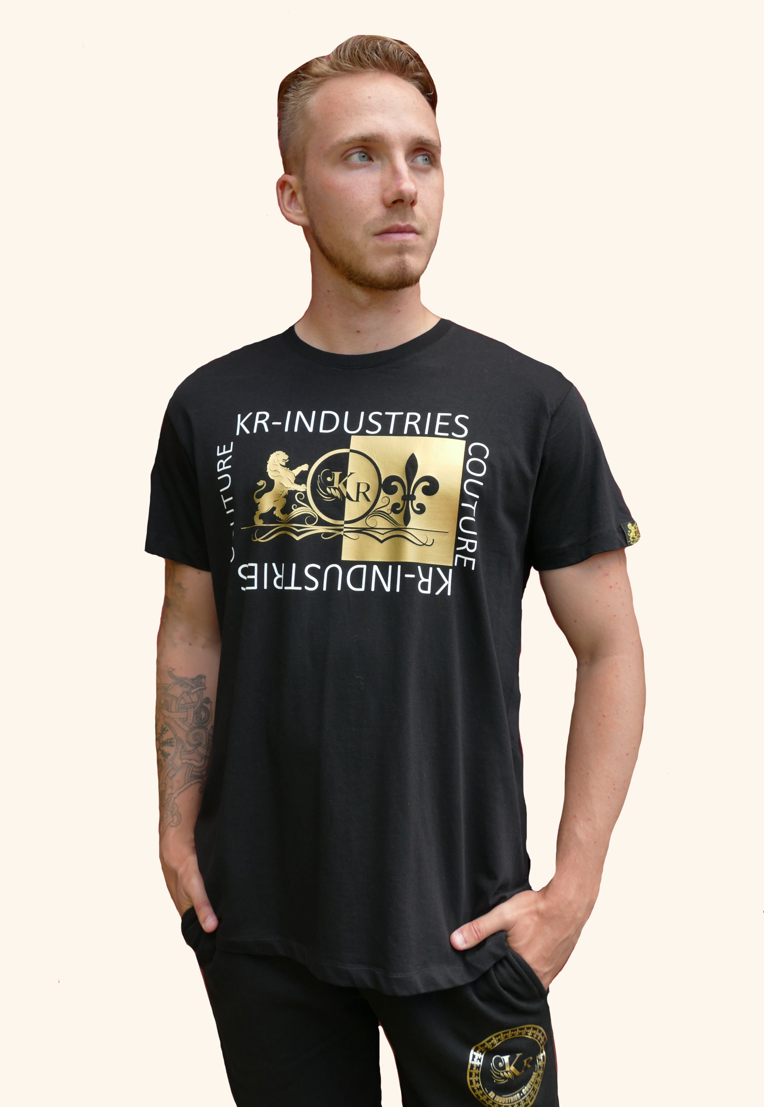 KR-Industries T-Shirt Shirt Yin Yang Applikationen in gold & weiß, Markenlabel