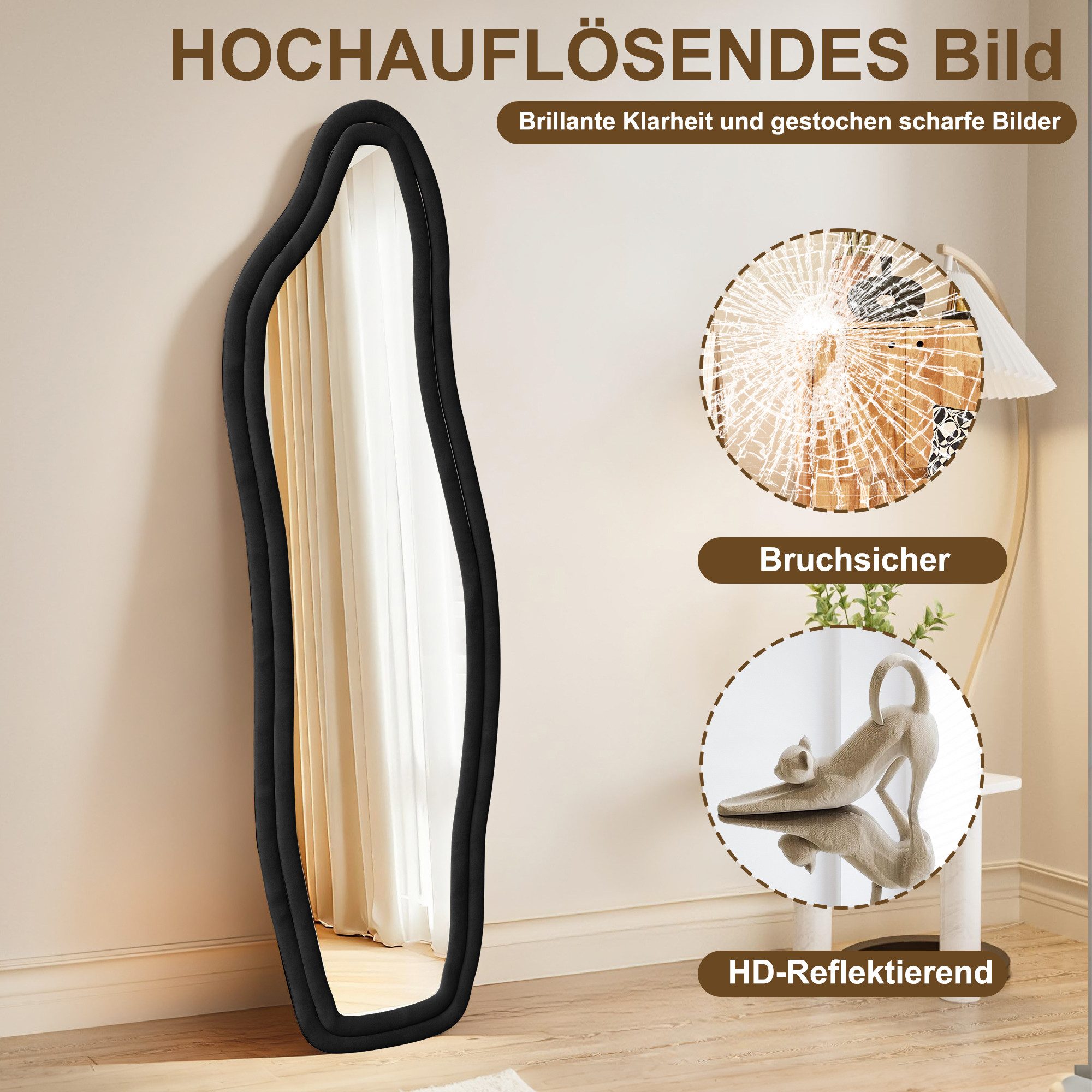 FUROKOY Ganzkörperspiegel Standspiegel mit Kristall-Samt Rahmen und verstarktem Glas, Asymmetrisch Wandspiegel,160x50cm,Schwarzer Rahmen