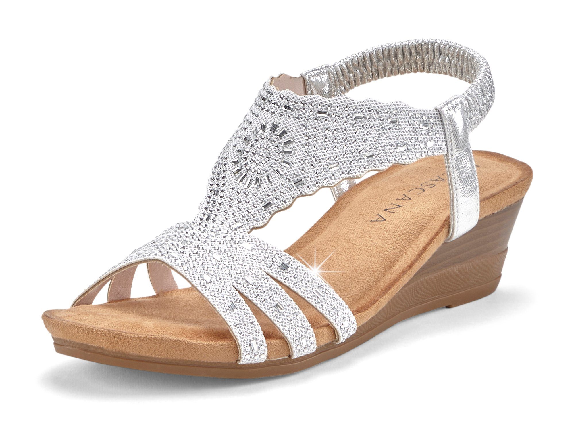 LASCANA Sommerschuh, offener Schuh, Sandale, Sandalette mit Glitzerdetails, Keilabsatz & elastischem Riemchen