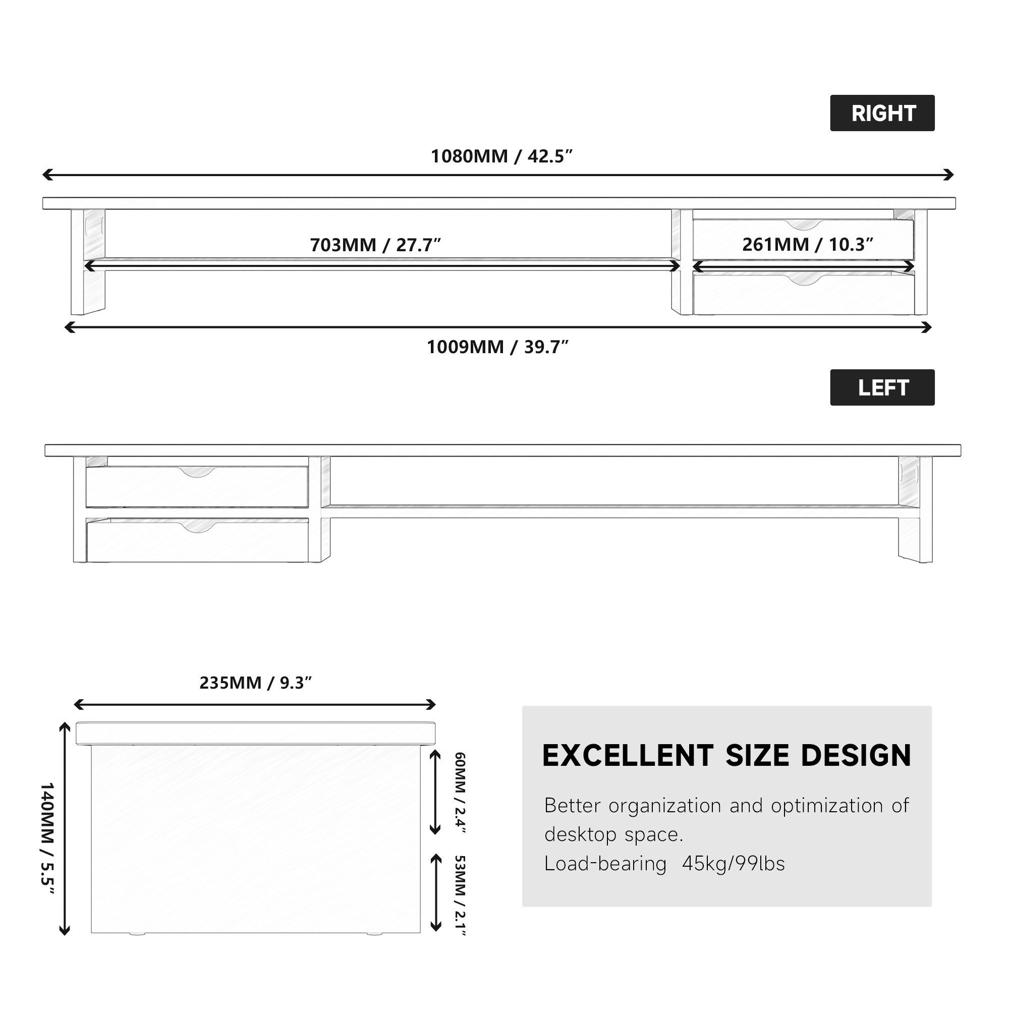 Fenge Monitorständer 108 cm breit, mit 2 Schubladen, (Schubladen flexibel positionierbar, wasserabweisend, kratzfest, fingerabdruckresistent) – Bild 4 von 5