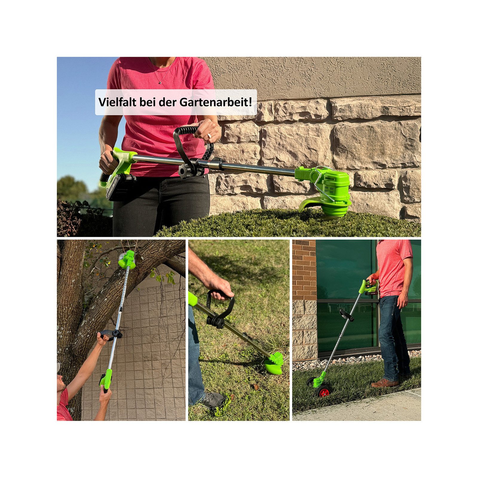 Genius Akku-Rasentrimmer Rotorazer 8in1 Gartengerät Akku Rasentrimmer Set 22-tlg., (Set 22 tlg., mit Akku und Ladegerät), Höhenverstellbar: Ein- und ausziehbare Teleskopstange