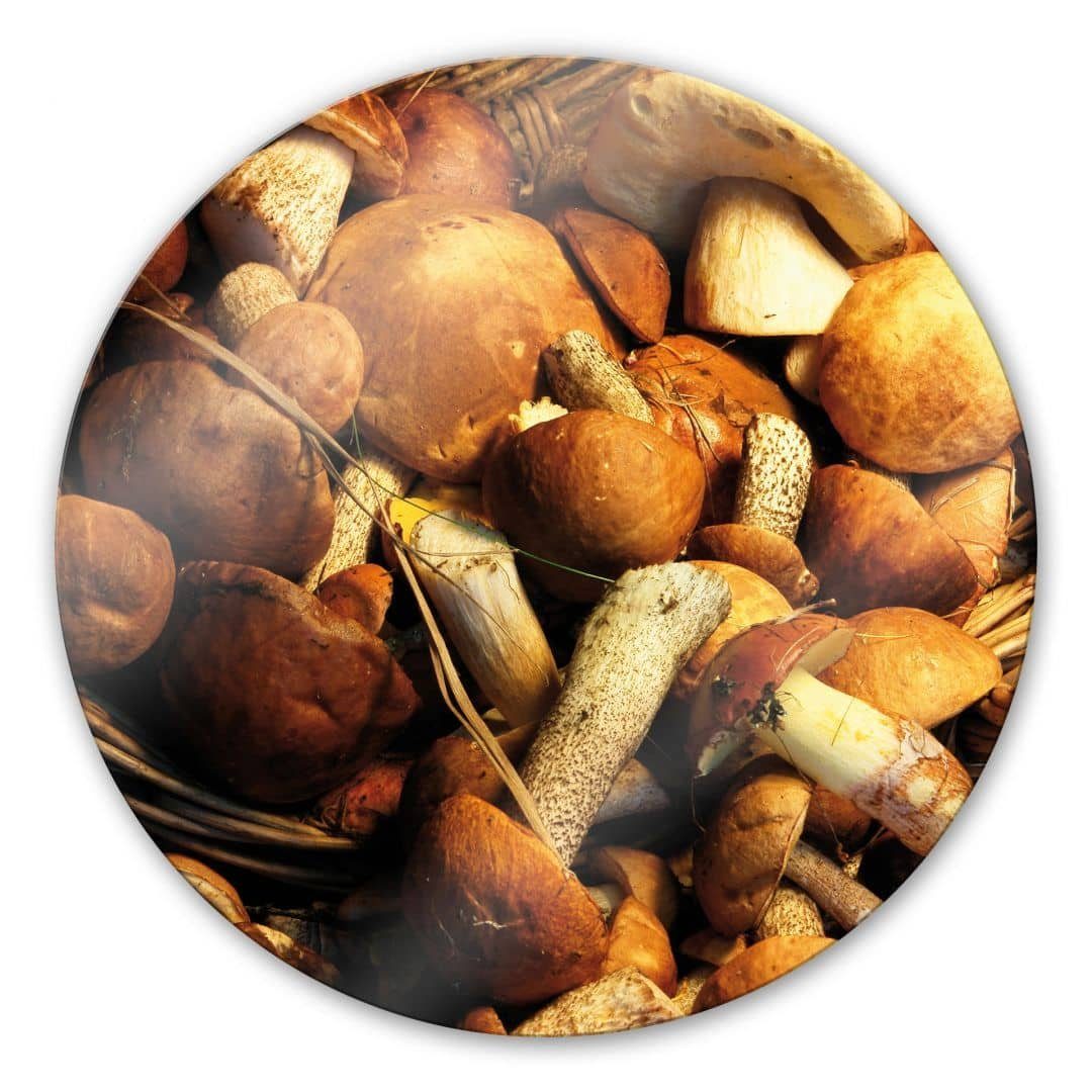 K&L Wall Art Glasbild Glas Wandbild Rund Glasbild Pilze Korb Wald Steinpilz Sammlung, Wandschutz Deko Bilder