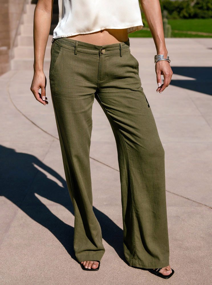 Freeman T. Porter Schlaghose Agatha Plain Linen martini olive sommerlich leichte Hose