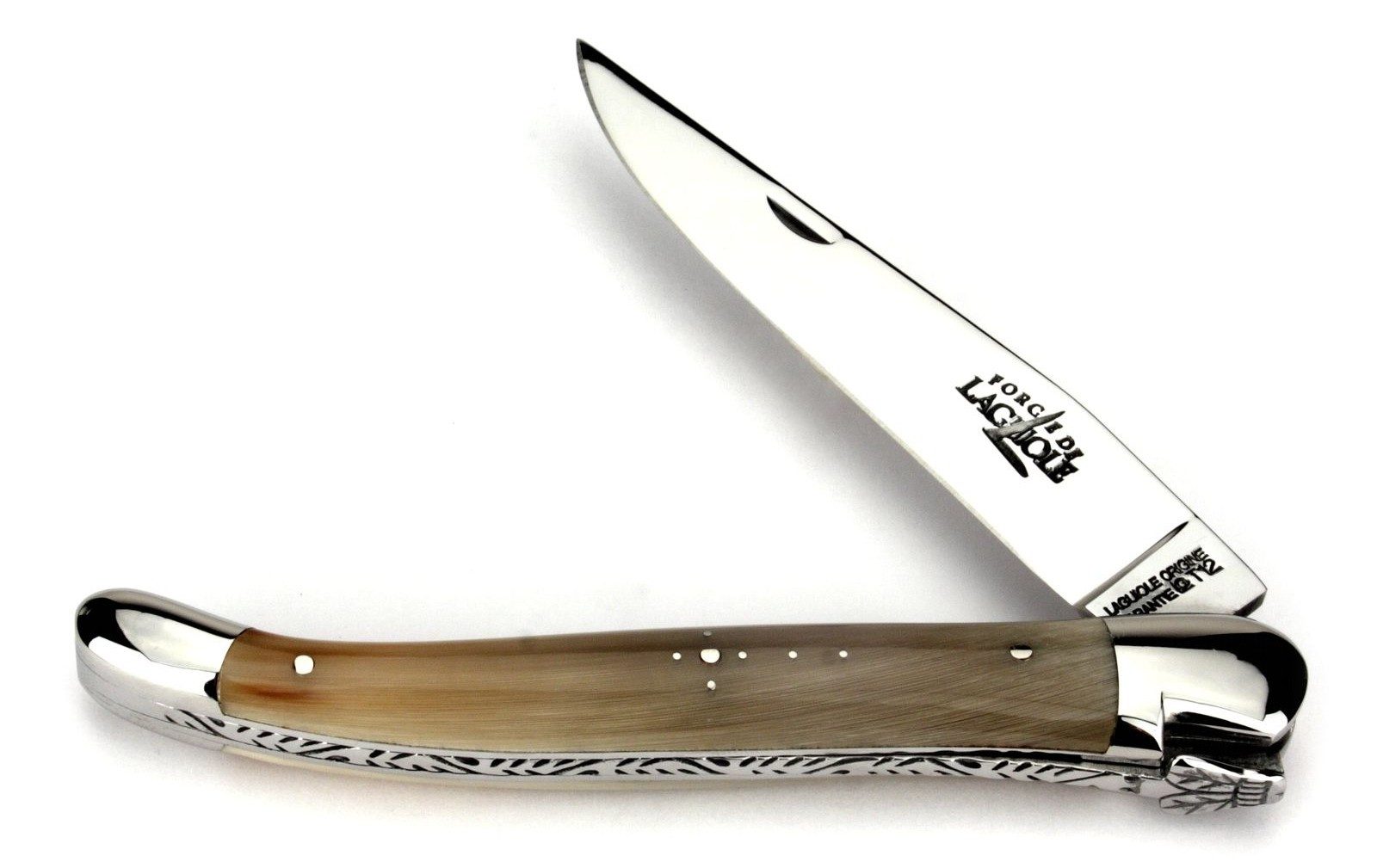 Forge de Laguiole Taschenmesser 1212 IN B BRI hell geflammt, Griff 12cm geflammte Hornspitze - Feder verziert - Stahl glänzend