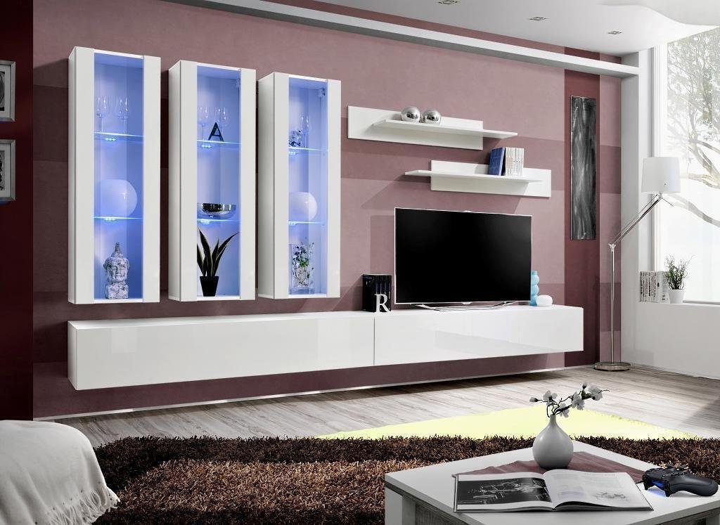 JVmoebel Wohnzimmer-Set Weiß Wohnwand Designer Hänge Vitrine TV Ständer Sideboard Holz, (8-St., 1x Wohnwand + 2x TV Ständer + 3x Hänge Vitrine + 2x Wandregale), Made in Europa