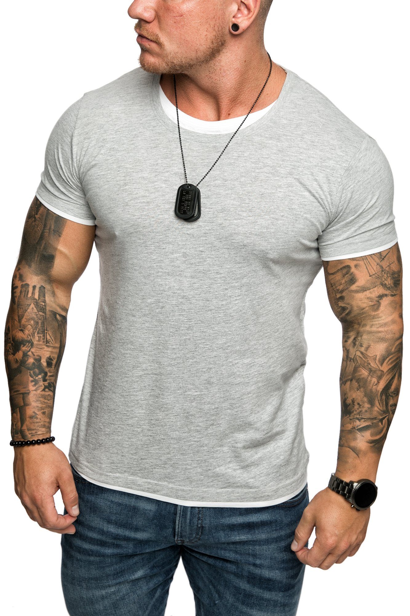 Herren Farbig T-Shirt Grau/Weiß Amaci&Sons Basic LAKEWOOD Slim-Fit Doppel Shirt Rundhalsausschnitt mit