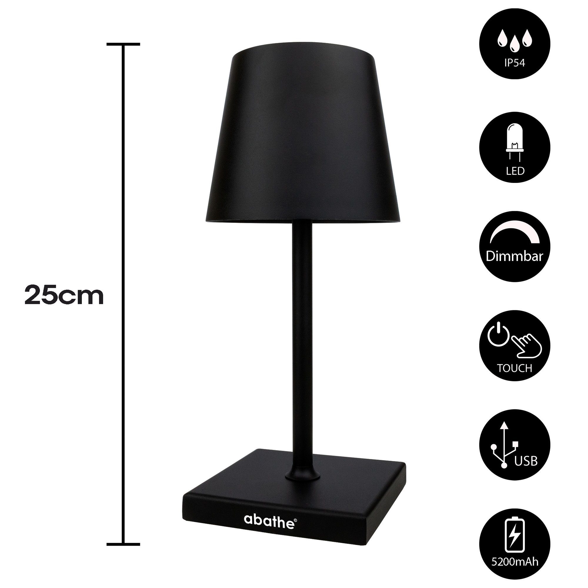 abathe LED Tischleuchte abathe LED-Akku Tischleuchte „classic“ mit USB in schwarz, LED fest integriert, Warmweiß, aufladbar, dimmbar, 25,5cm, IP54