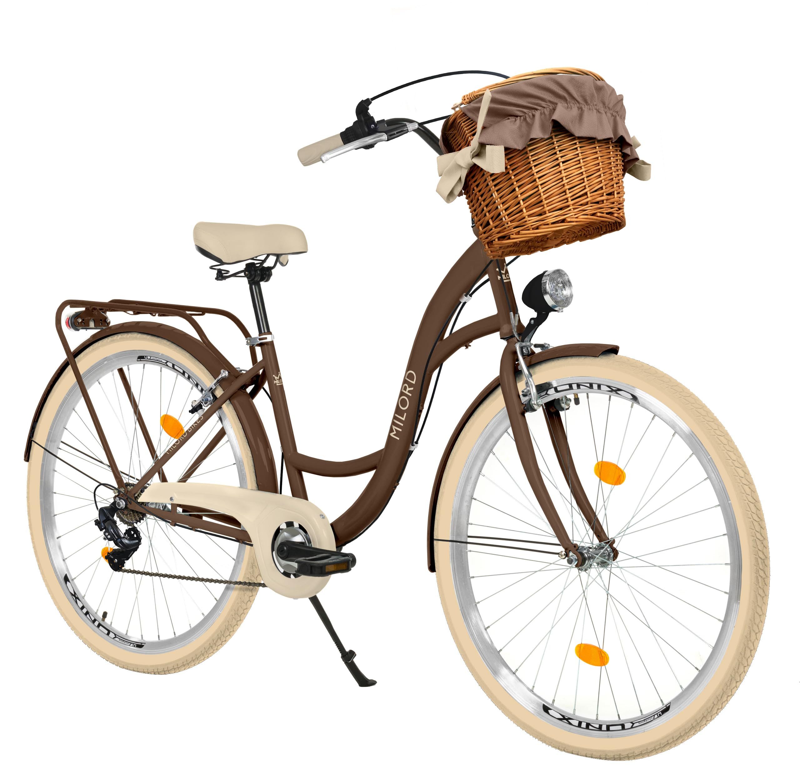 Milord Cityrad Damenfahrrad Citybike Mit Weidenkorb Fahrrad 26/28 Zoll 7-Gang Braun, 7 Gang, (Fahrradständer, Gepäckträger, Klingel, Korb, Kotflügel)
