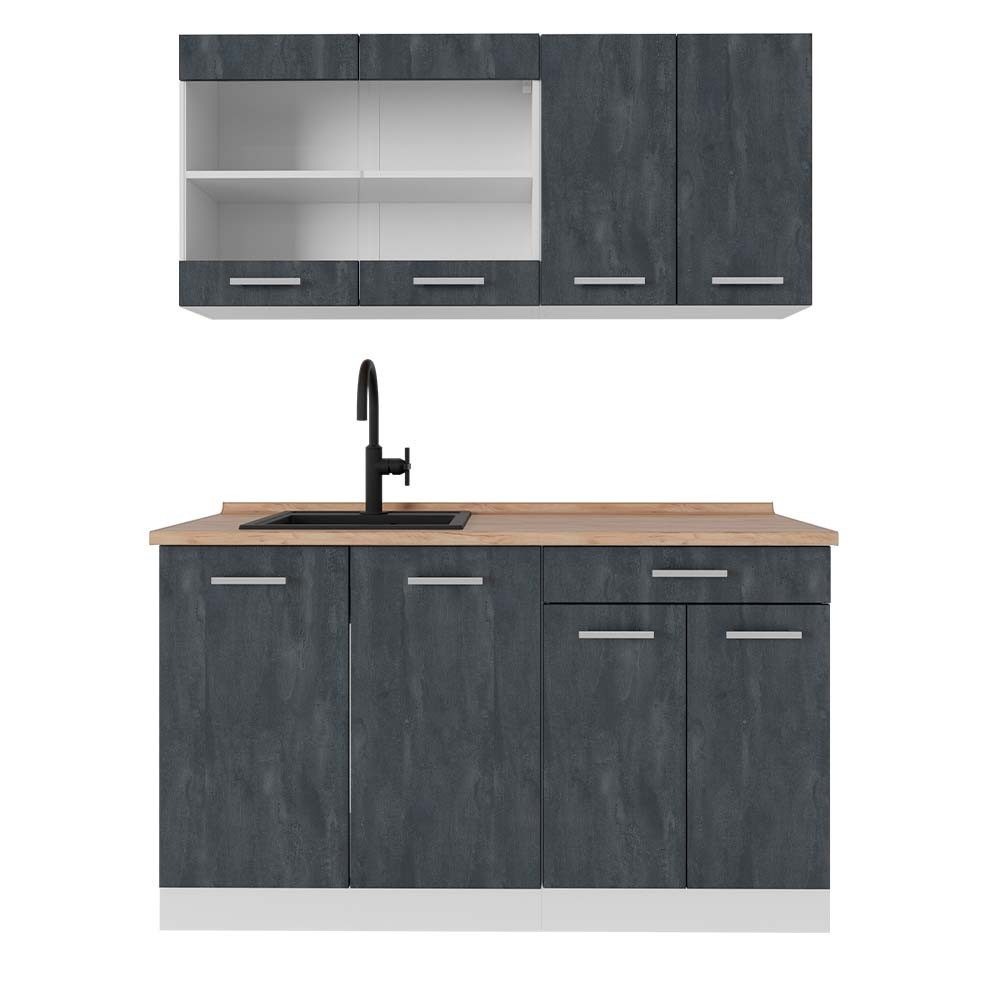 Vicco Küchenzeile R-Line, Schwarz Beton/Weiß, 140 cm AP Eiche