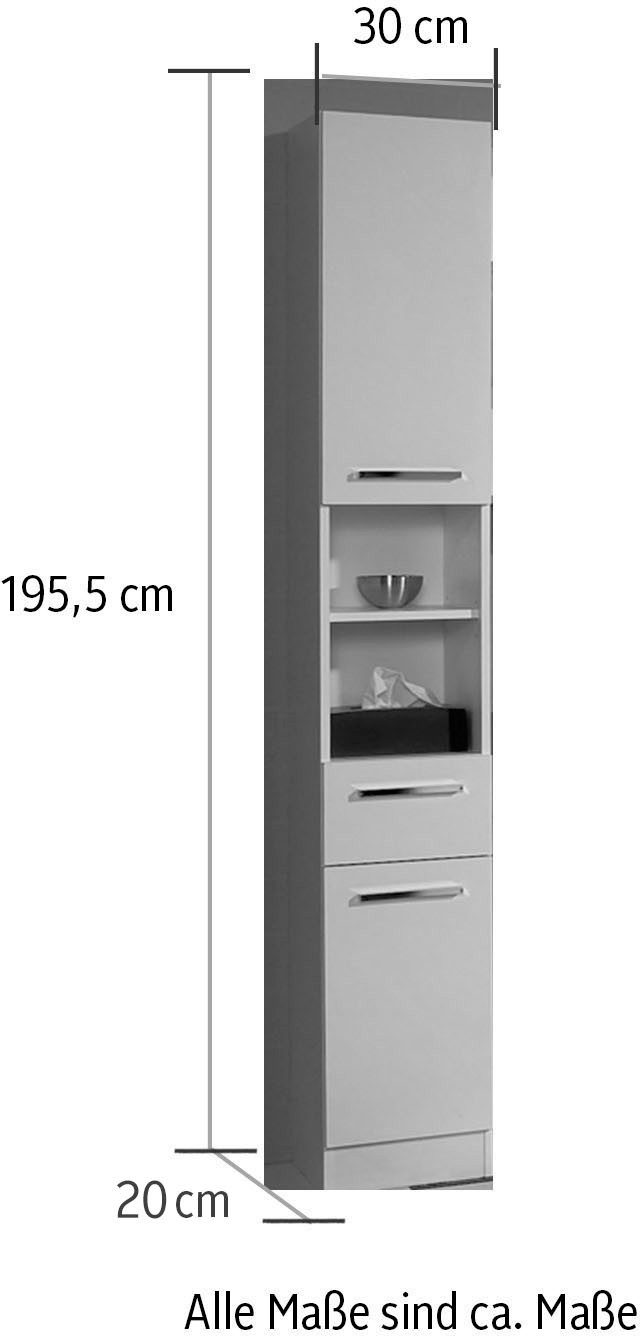 Saphir Hochschrank Quickset 335 Badschrank 30 cm breit, 2 Türen, 1 Nische, 3 Einlegeböden Badezimmer-Hochschrank, Weiß Glanz, Griffe in Chrom glänzend – Bild 4 von 4