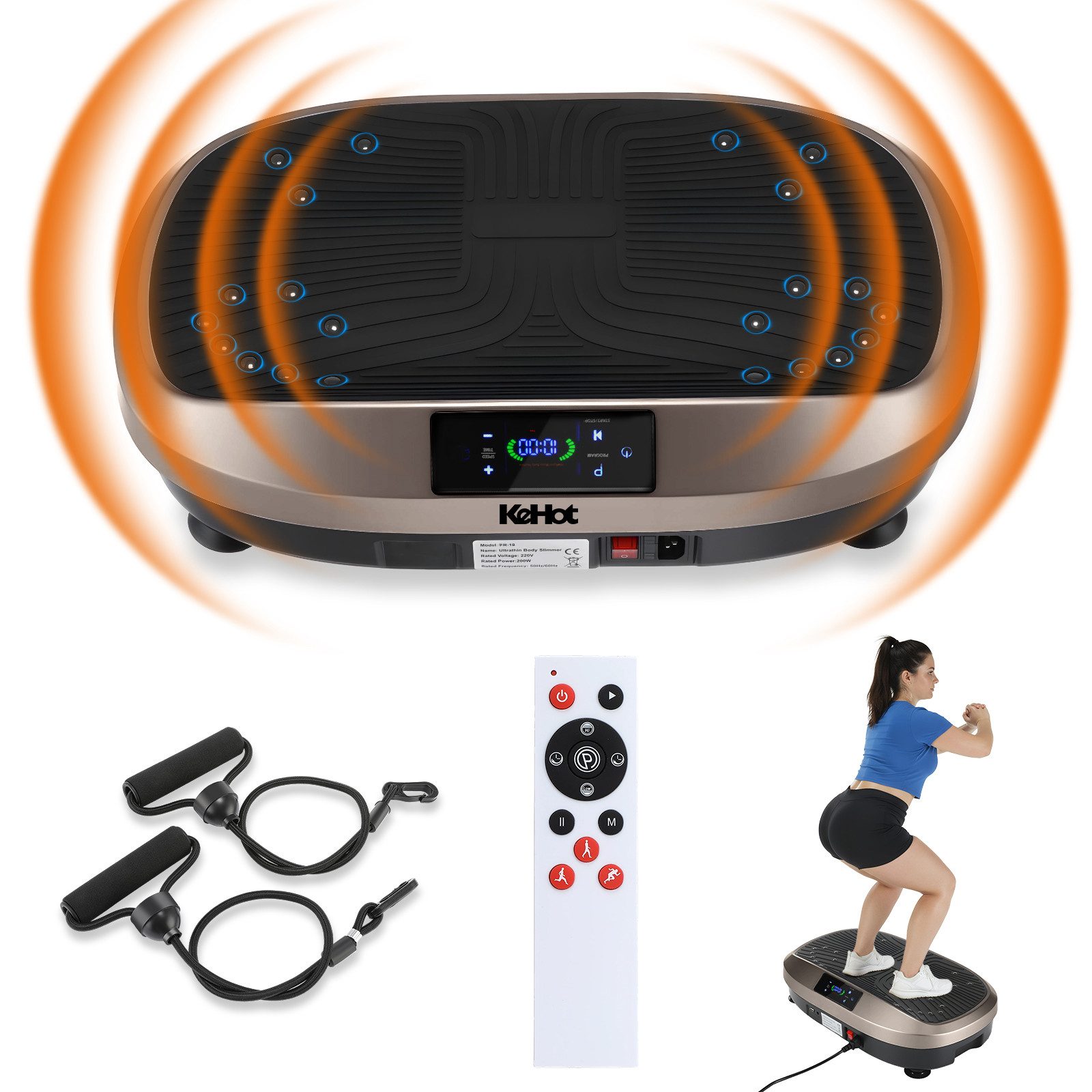 kehot Vibrationsplatte Ganzkörper, 3D Fitnessgeräte mit 2 Bändern & Fernbedienung, 200 W, 120 Intensitätsstufen, (Set, mit Trainingsbandern), Schwingung Modus, 6 voreingestellte Modi
