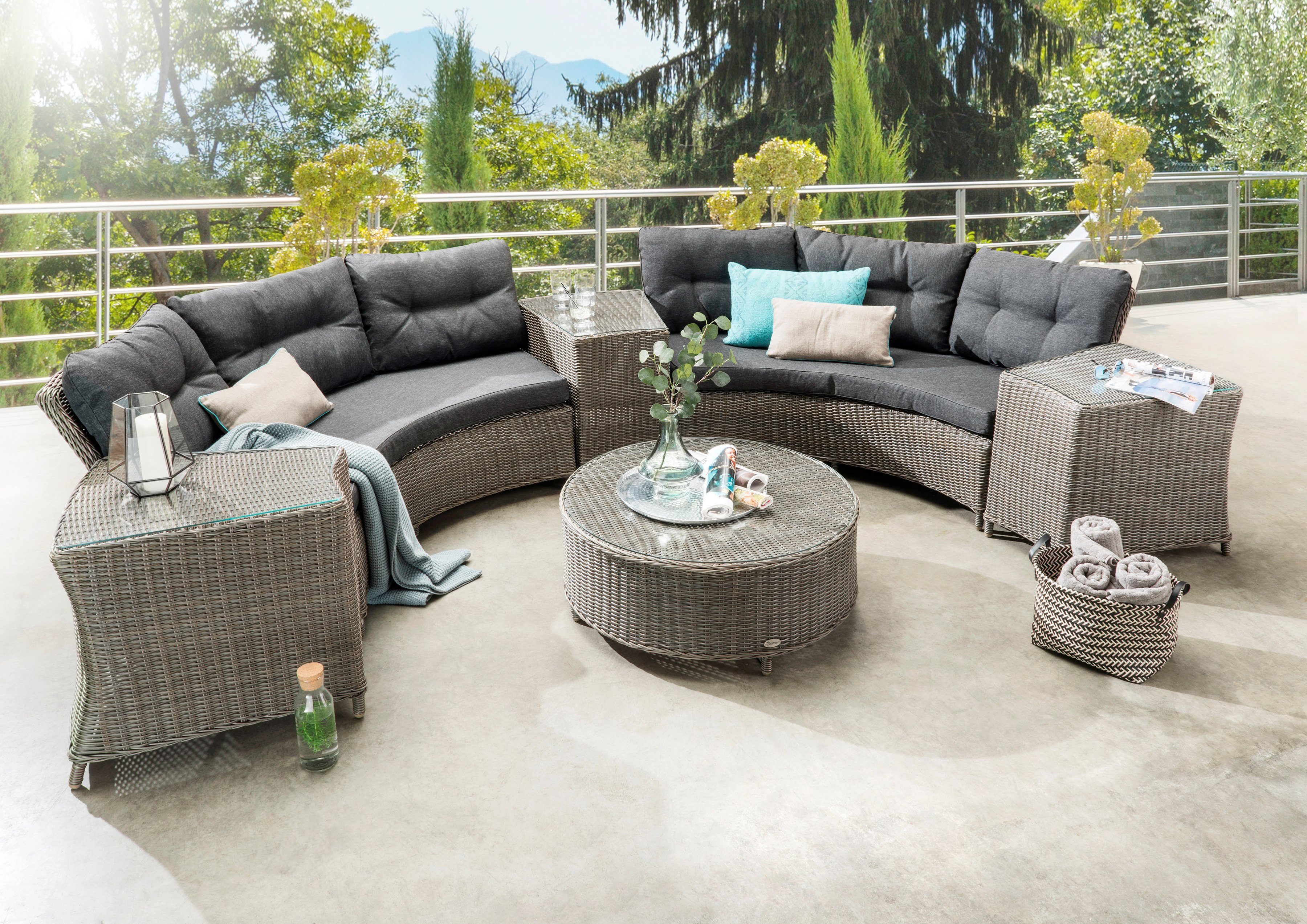 ist ab und zu vorrätig! Destiny Gartenlounge-Set RIO, (Set, 2 Tisch 18-tlg), Beistelltische, 1 halbrund, 3 Sofa, Loungeset 90x38cm Ø