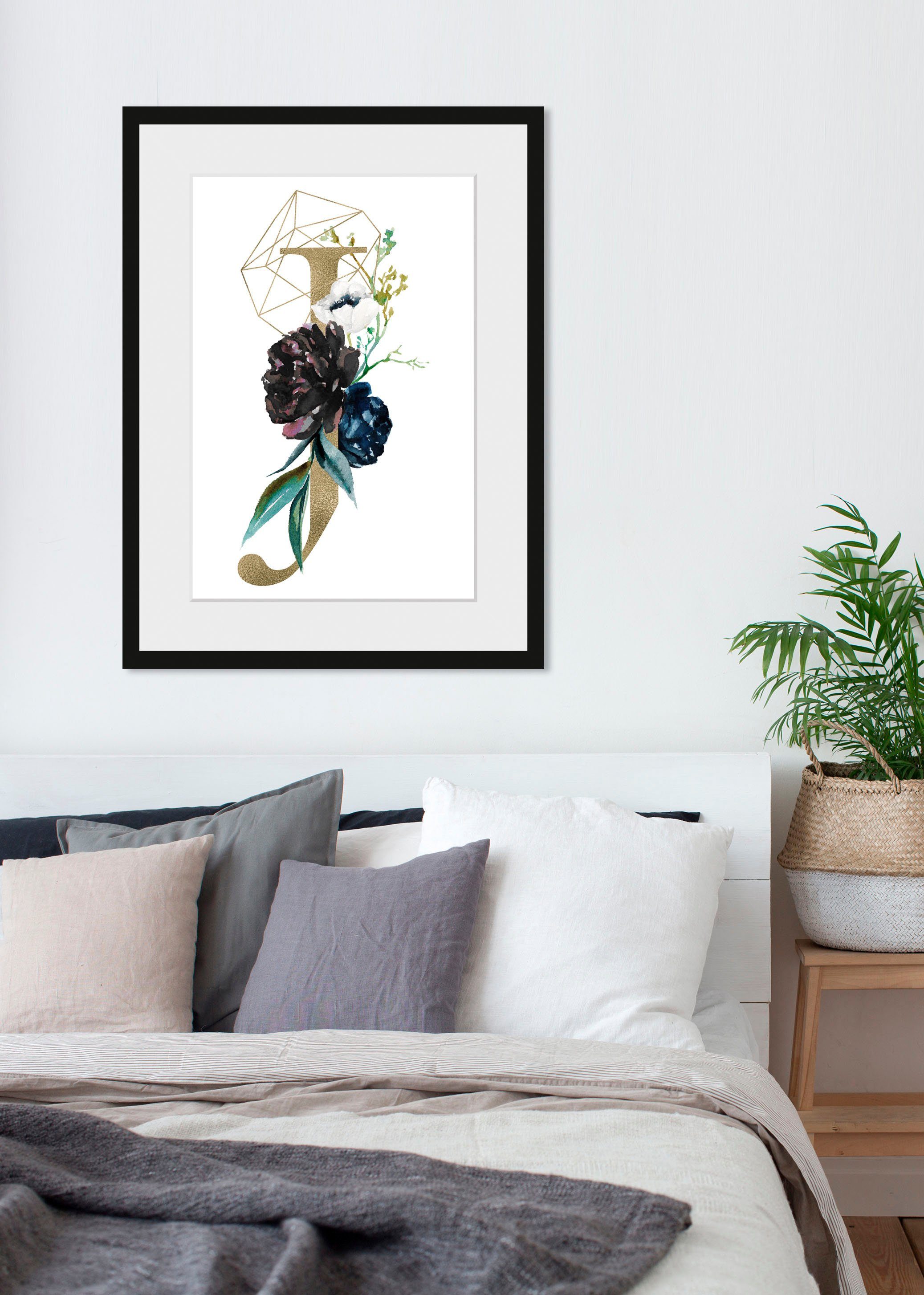 queence Bild J, Buchstaben, J, Pflanzen, Pflanzenbilder (1 St), HD Premium Poster-Druck inkl. Holzrahmen