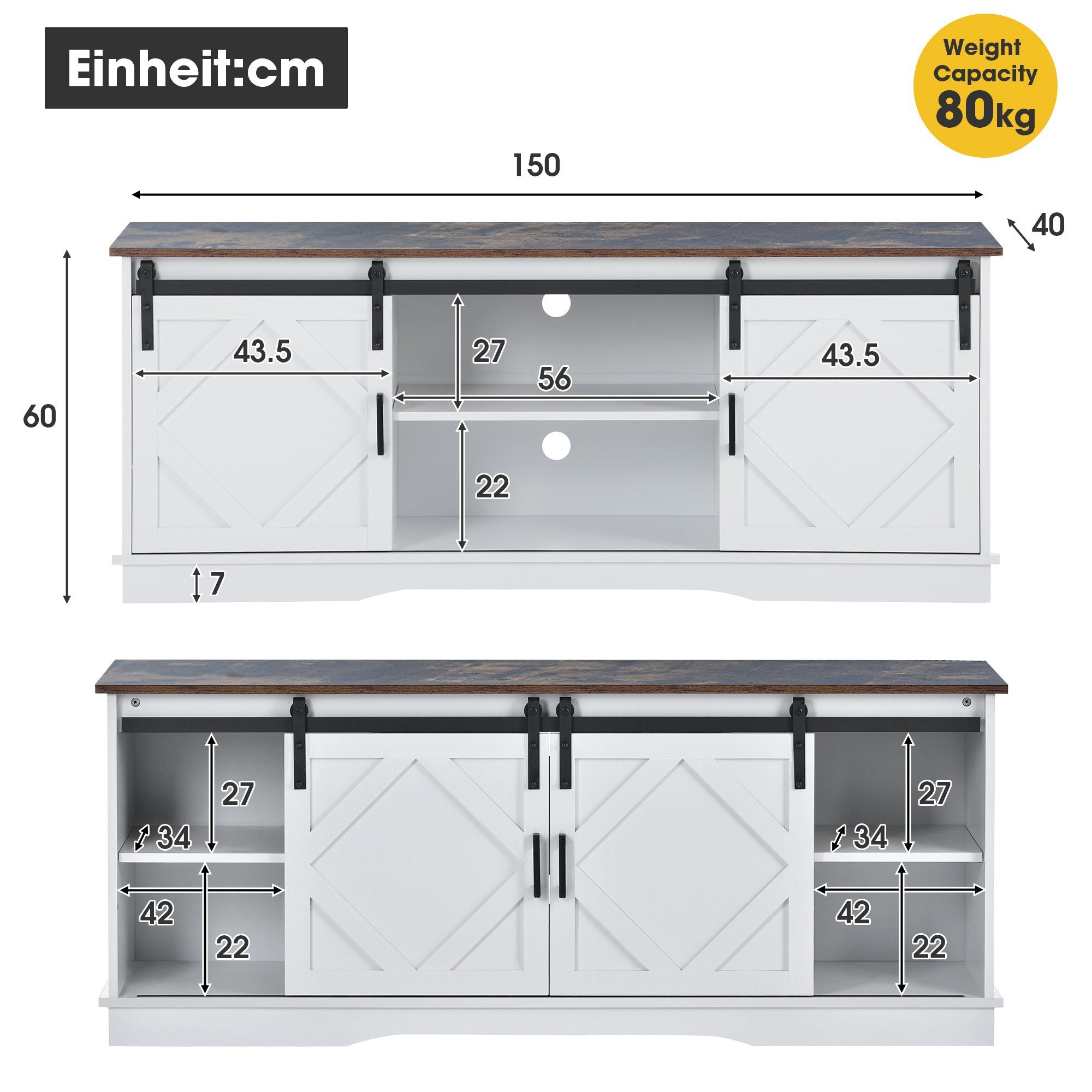 OKWISH TV-Schrank TV Stand Modernes Schiebetüren Landhaus 2 Center Entertainment 150*40*60cm, mit Regale) Esszimmer Sideboard Design Braun klassischen Center für Entertainment Wohnzimmer (vintage Weiß Einstellbare