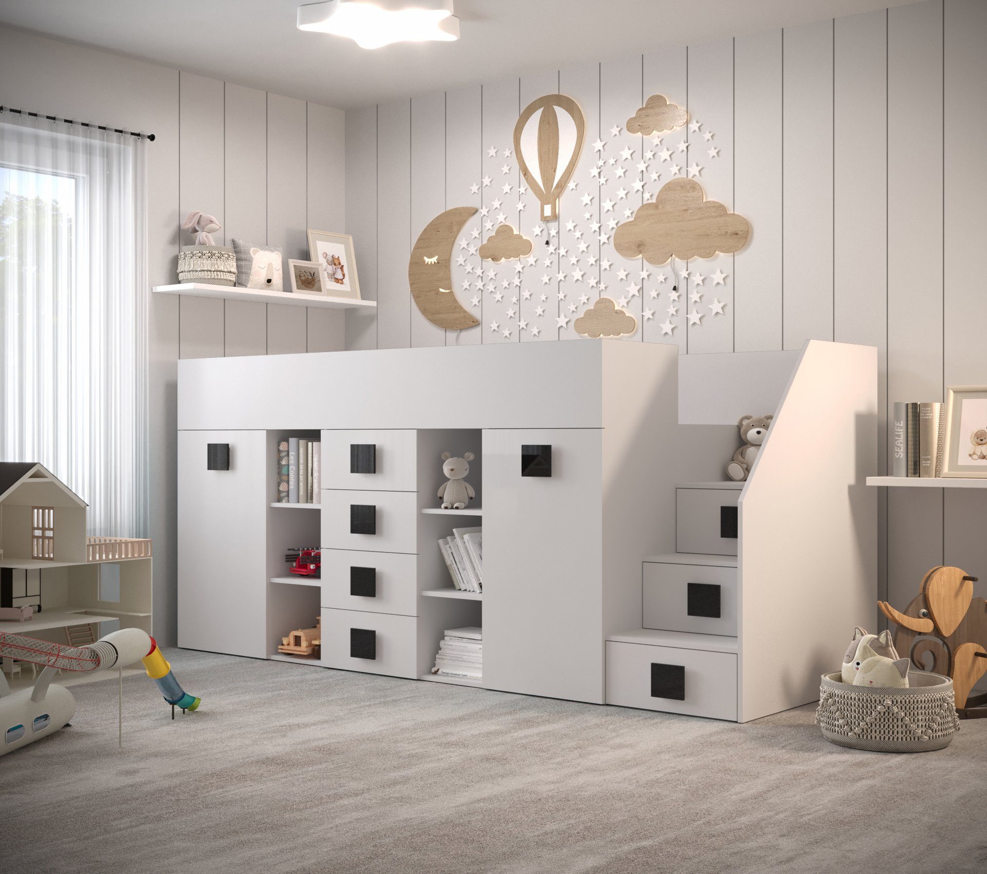 Schwarz Hochbett Kinderbett Home Schrank und 3P-G, TOL Weiß/Griffe mit Schreibtisch, Schubladen Unique