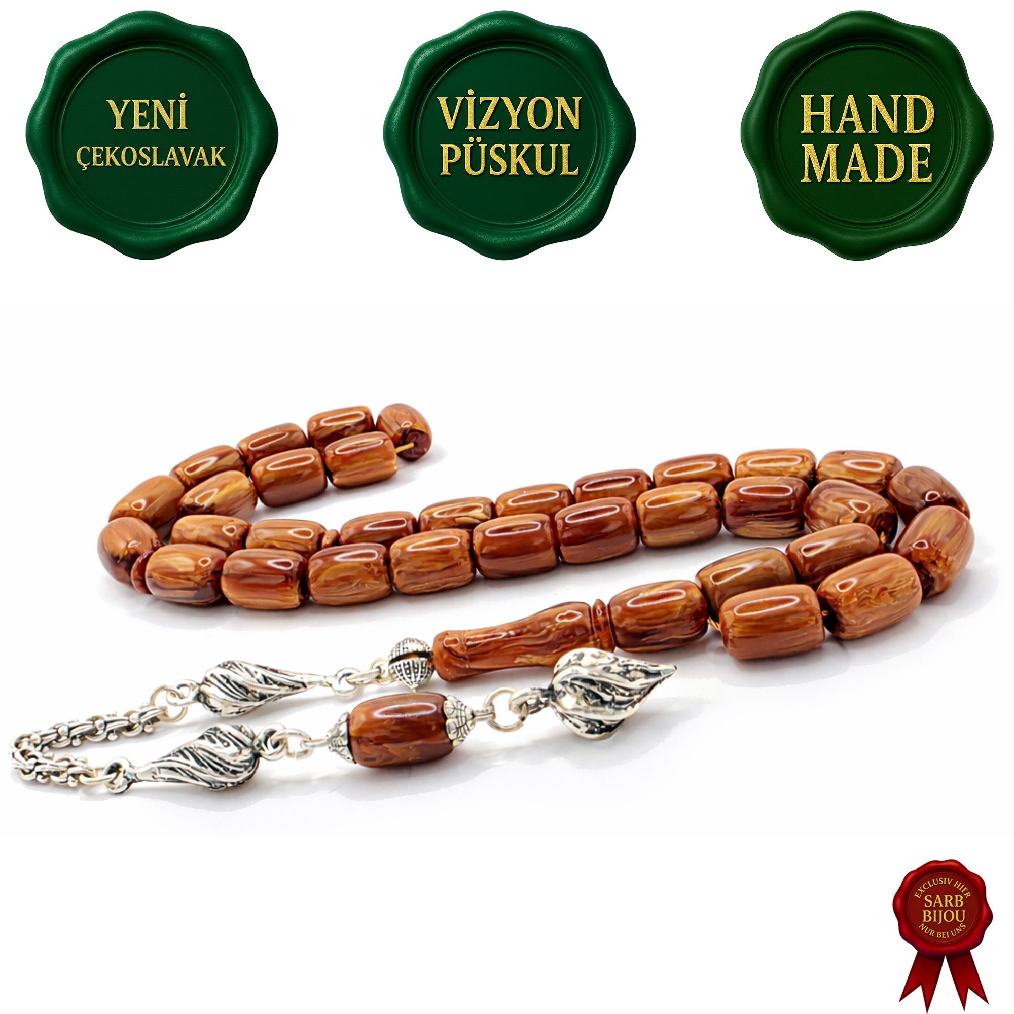 M-Punkt24 Kettenanhänger Tesbih Tespih Yeni Cekoslavak (8x12mm Kapsül Capsule, Braun marmoriert, inkl. Etui), Vizyon Püskül Silberfarbig !!! SONDERPREIS NUR FÜR KURZE ZEIT !!!