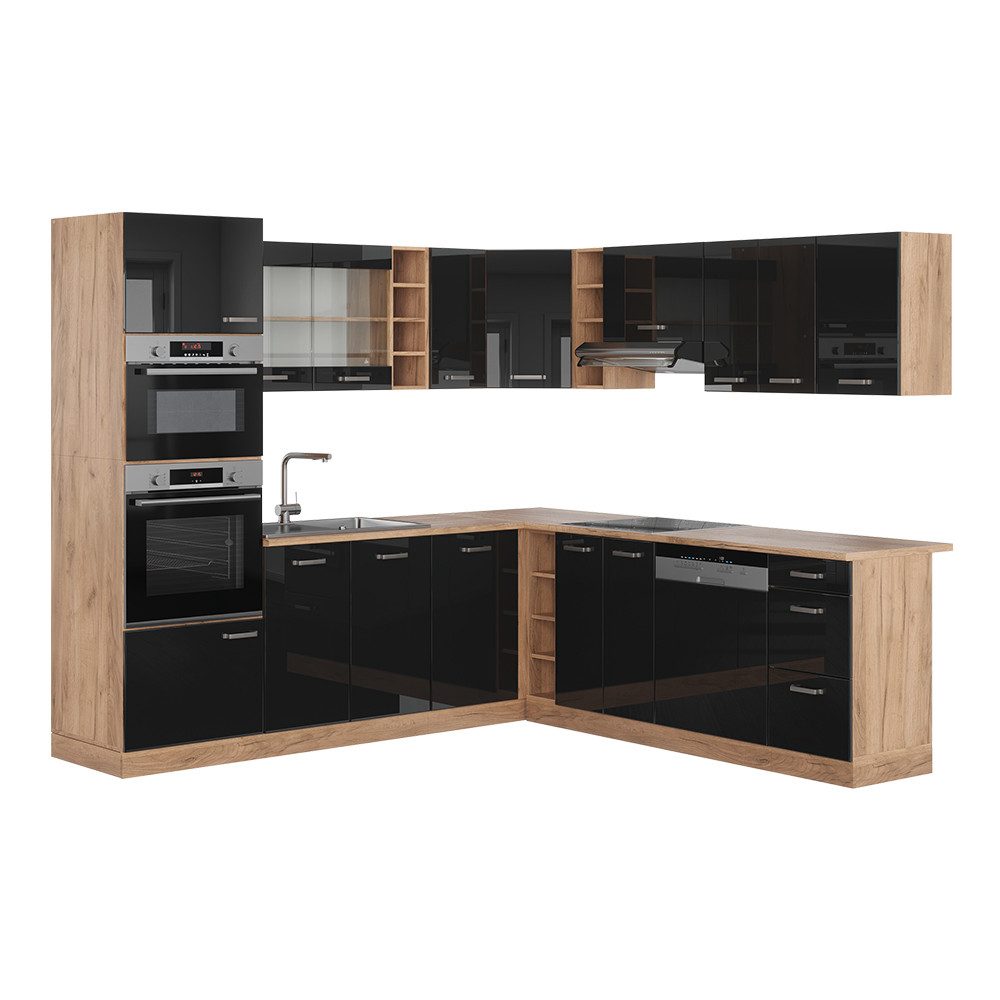 Vicco Winkelküche R-Line, Schwarz Hochglanz/Eiche, 237 günstig online kaufen