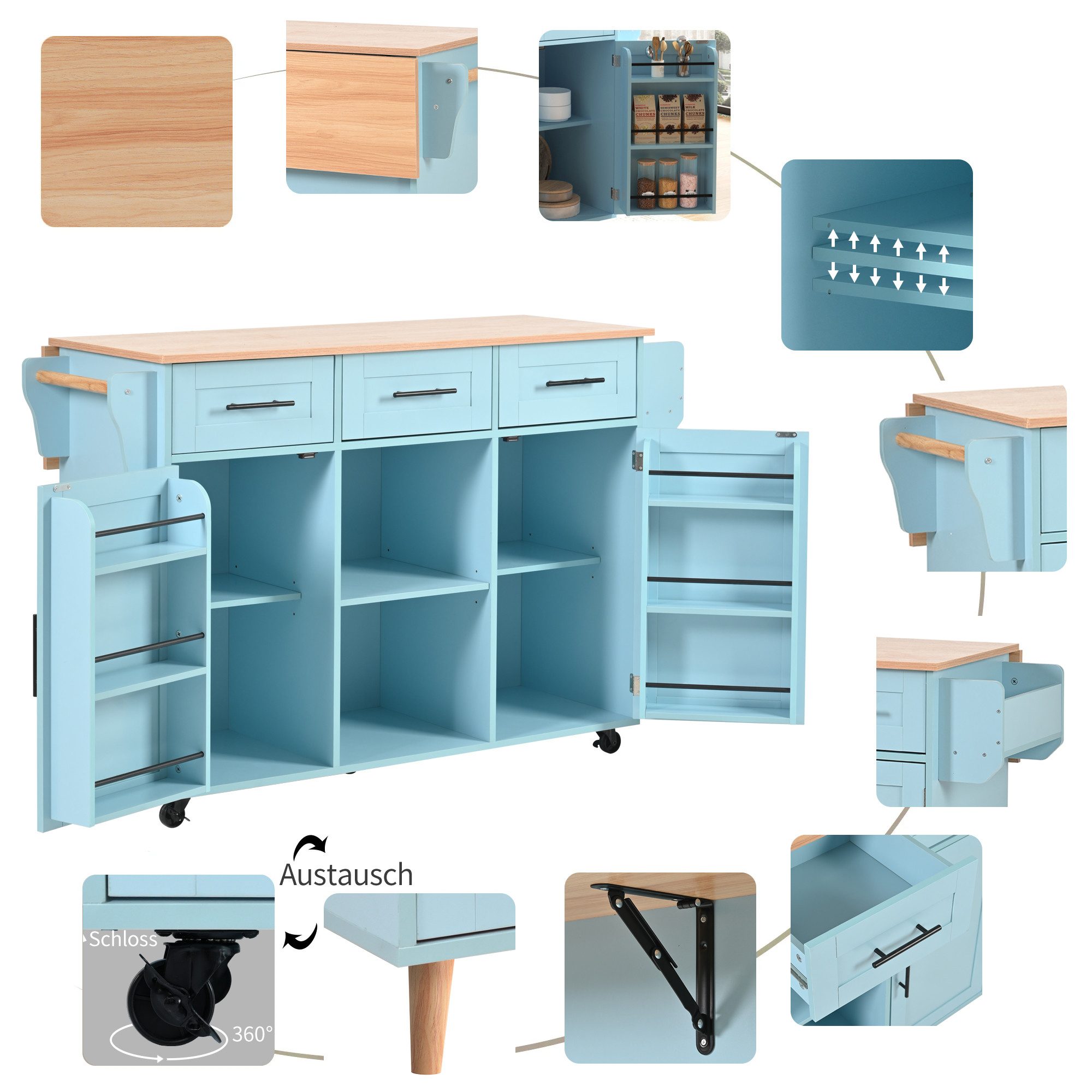 Flieks Küchenwagen mit erweiterbarer Arbeitsplatte, Rollen & Massivholzbeine austauschbar, (139x46(71)x91,5 cm, 1 St), Kücheninsel Buffetschrank Servierwagen mi – Bild 5 von 5