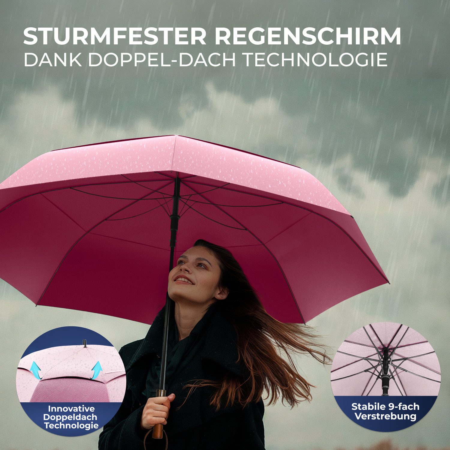 Logan & Barnes Stockregenschirm Chicago, Stockschirm sturmfest [Ø120 cm] mit hochwertigem Echtholzgriff