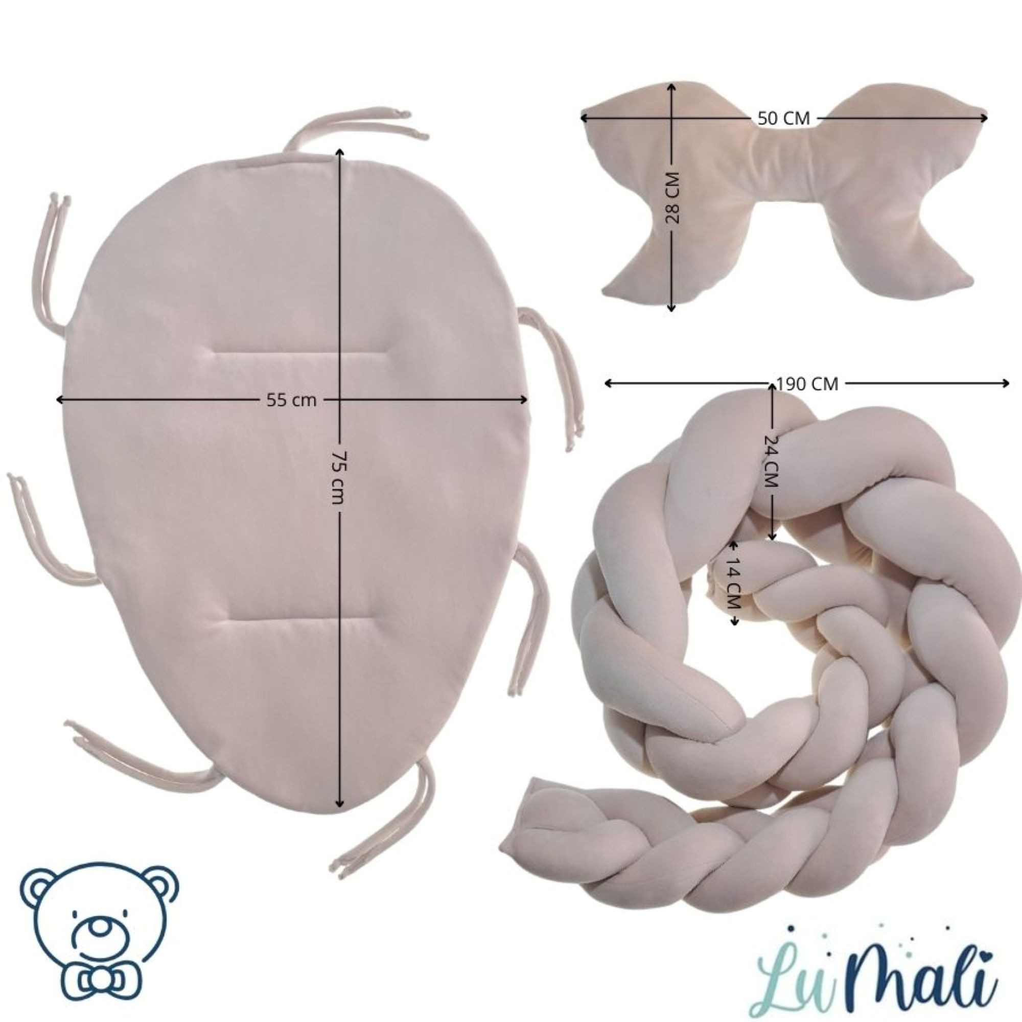 LuMali Kuschelnest 3in1 Babynest XXL Kokon Zopf Matte Kissen superweich wendbar doppelt, (3-teiliges Set: Zopf, Matte, Kissen), Neugeborene Baumwolle Velour antiallergisch wendbar Geschenk Geburt