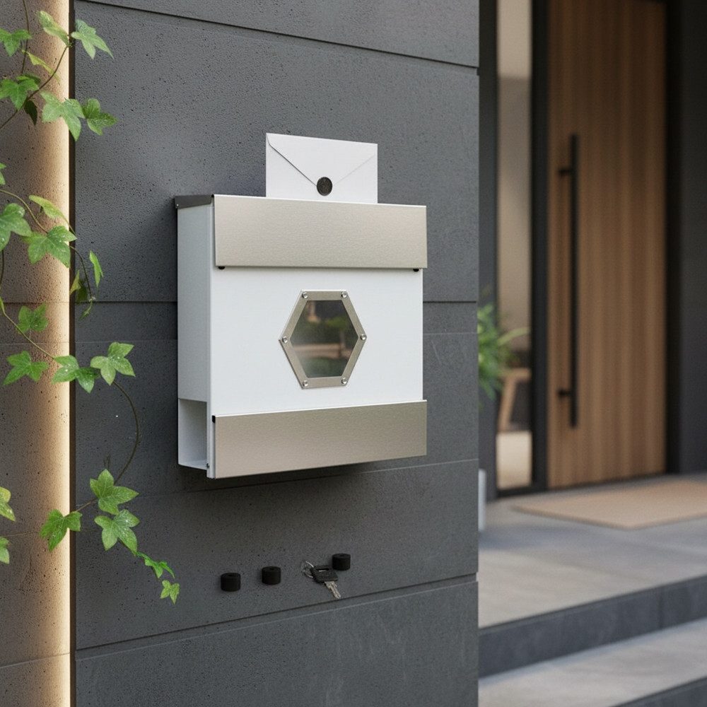 Melko Wandbriefkasten Briefkasten Wandbriefkasten Edelstahl Zeitungsfach in ver. Farben Post (Stück, 1-St., Briefkaste), Schutzklappe lässt Regen abfließen