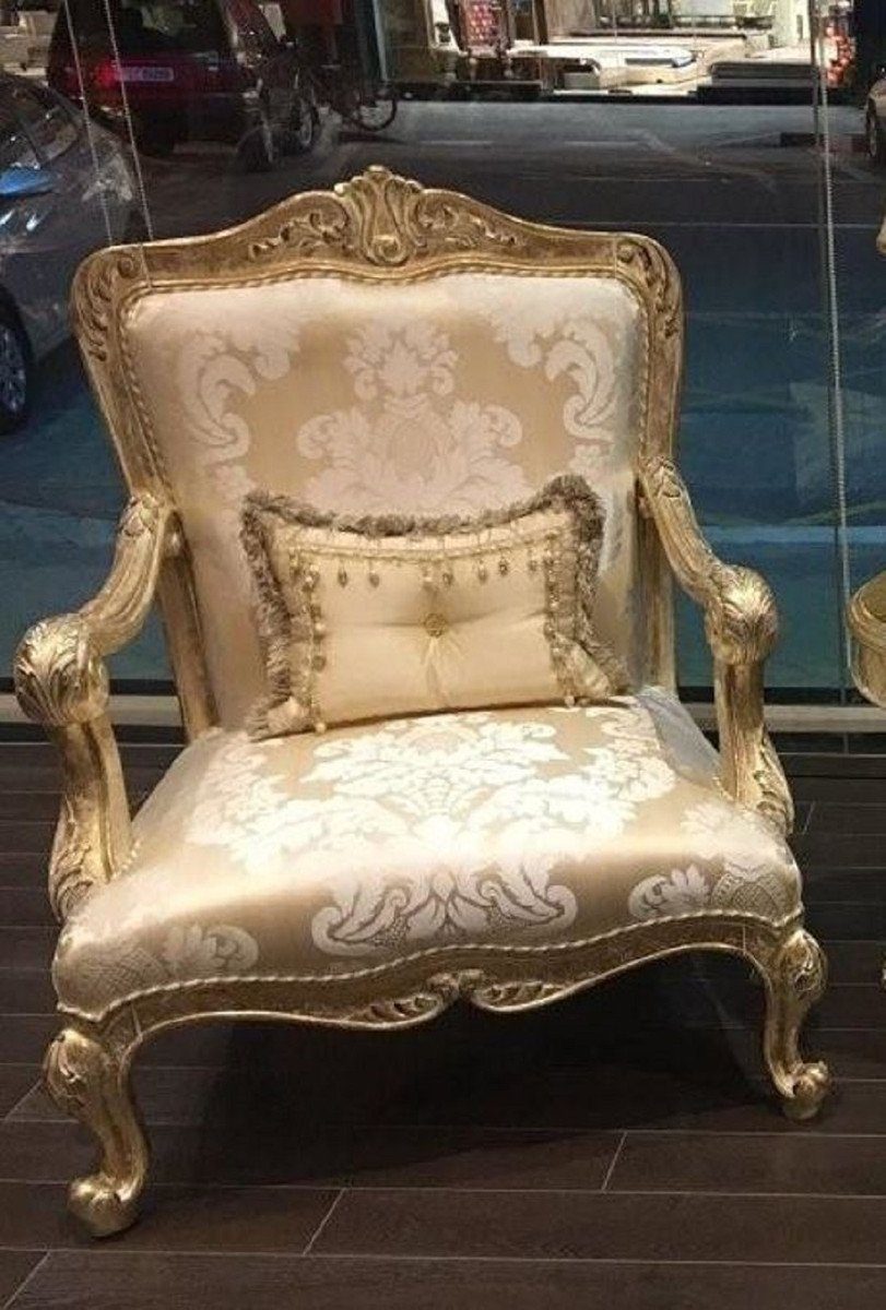 Casa Padrino Sessel Luxus Barock Sessel Gold / Antik Gold - Prunkvoller Wohnzimmer Sessel mit elegantem Muster - Barock Wohnzimmer Möbel