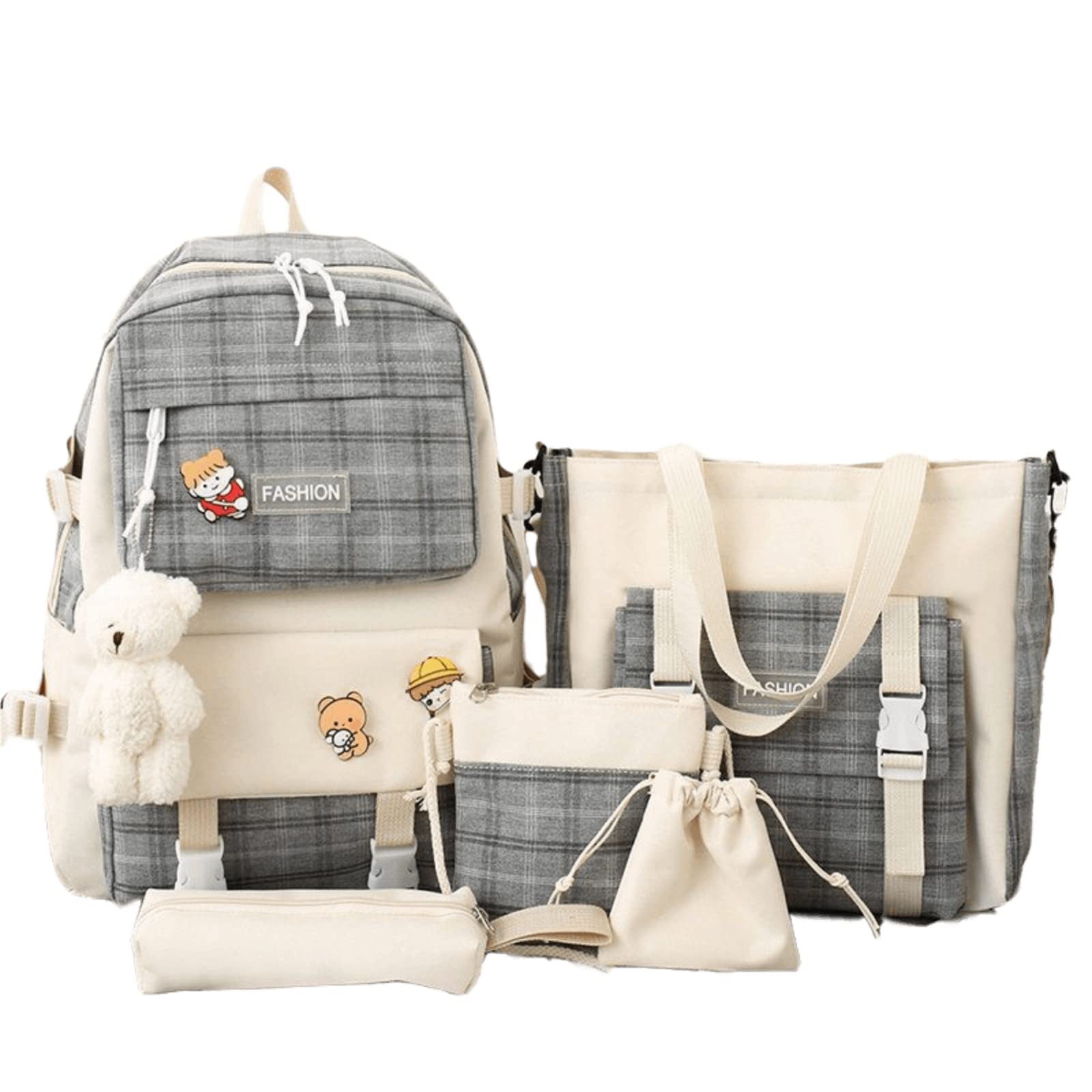 Coonoor Schulrucksack 5-teiliges Kawaii-Rucksack-Set mit Karomuster, Schulranzen, Umhängetasche, Federmäppchen, mit Kawaii-Bärenanhänger