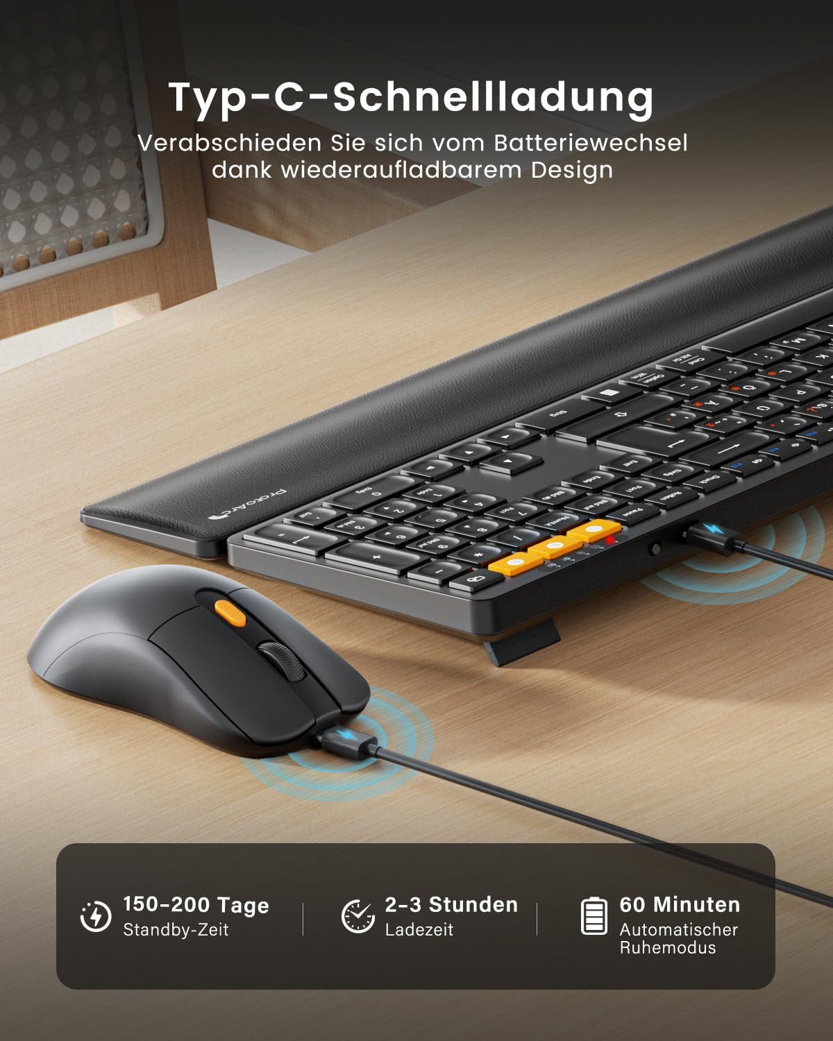 ProtoArc Kabellos Bluetooth Tastatur Maus mit Handballenauflage Tastatur- und Maus-Set, (2.4GHz + Dual Bluetooth, Wiederaufladbar), KM60 Full-Size Tastatur und Maus