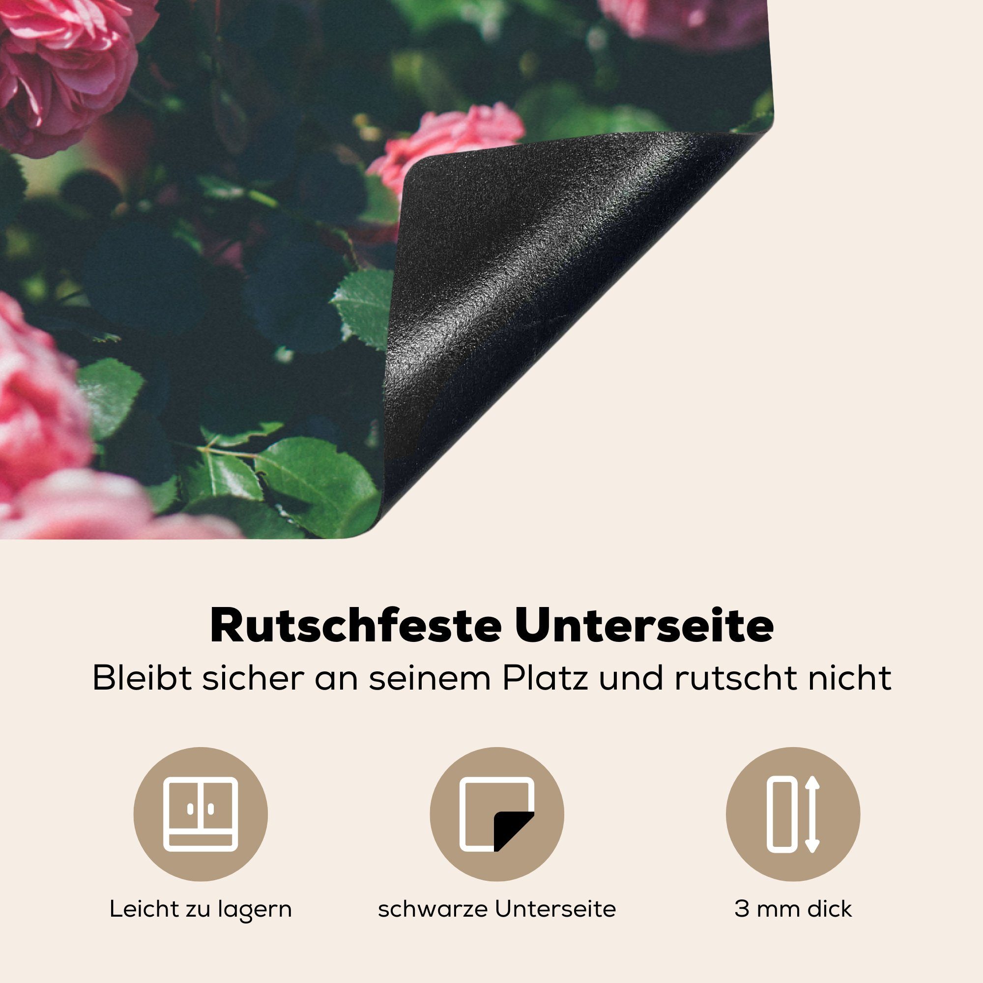 MuchoWow Herdblende-/Abdeckplatte Sommergarten, küche, (1 im Schutz rosa Vinyl, die tlg), Schöne Ceranfeldabdeckung Rose für 81x52 cm, Induktionskochfeld