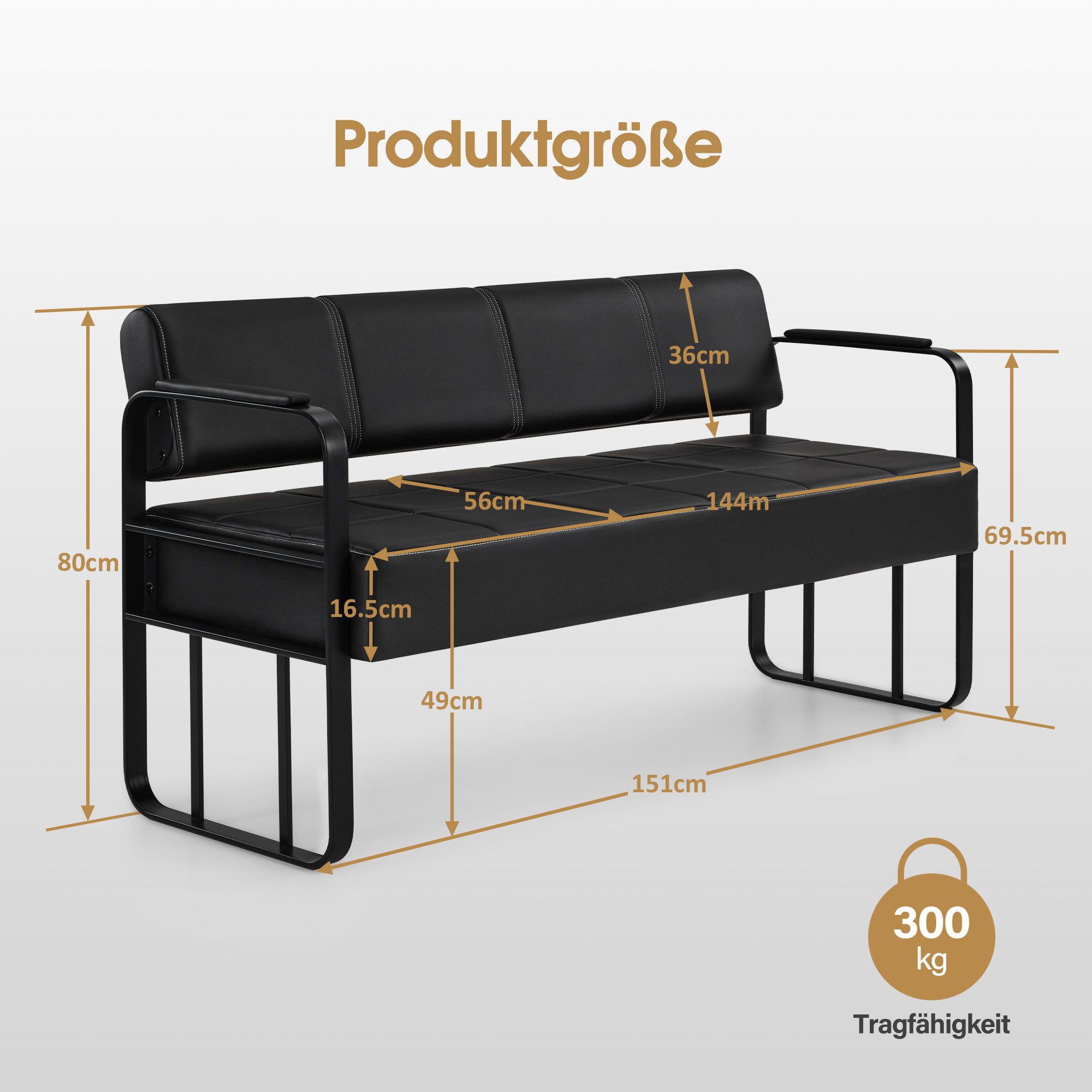 Barberpub Sitzbank BarberPub Sitzbank mit Rückenlehne W528 (Schwarz-Gold/Kunstleder)