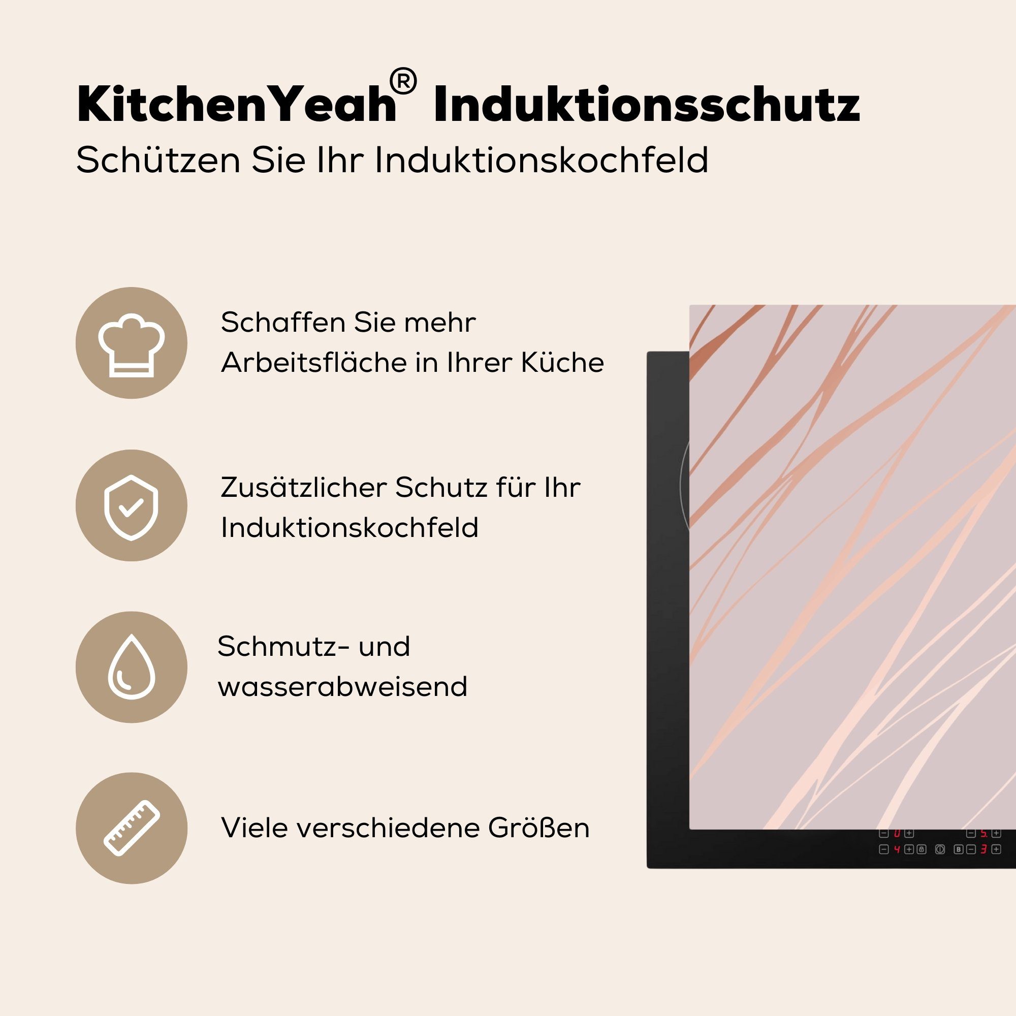 Muster, cm, tlg), (1 Marmor küche - Herdblende-/Abdeckplatte Arbeitsplatte 83x51 Ceranfeldabdeckung, Vinyl, Roségold Rosa - für MuchoWow -