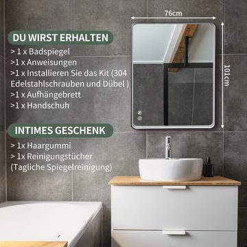 HT Badspiegel Badezimmerspiegel mit Beleuchtung 101x76 cm schwarz, 3-farbig temperierbare Lampe, Aluminiumrahmen, Touch-Wandspiegel