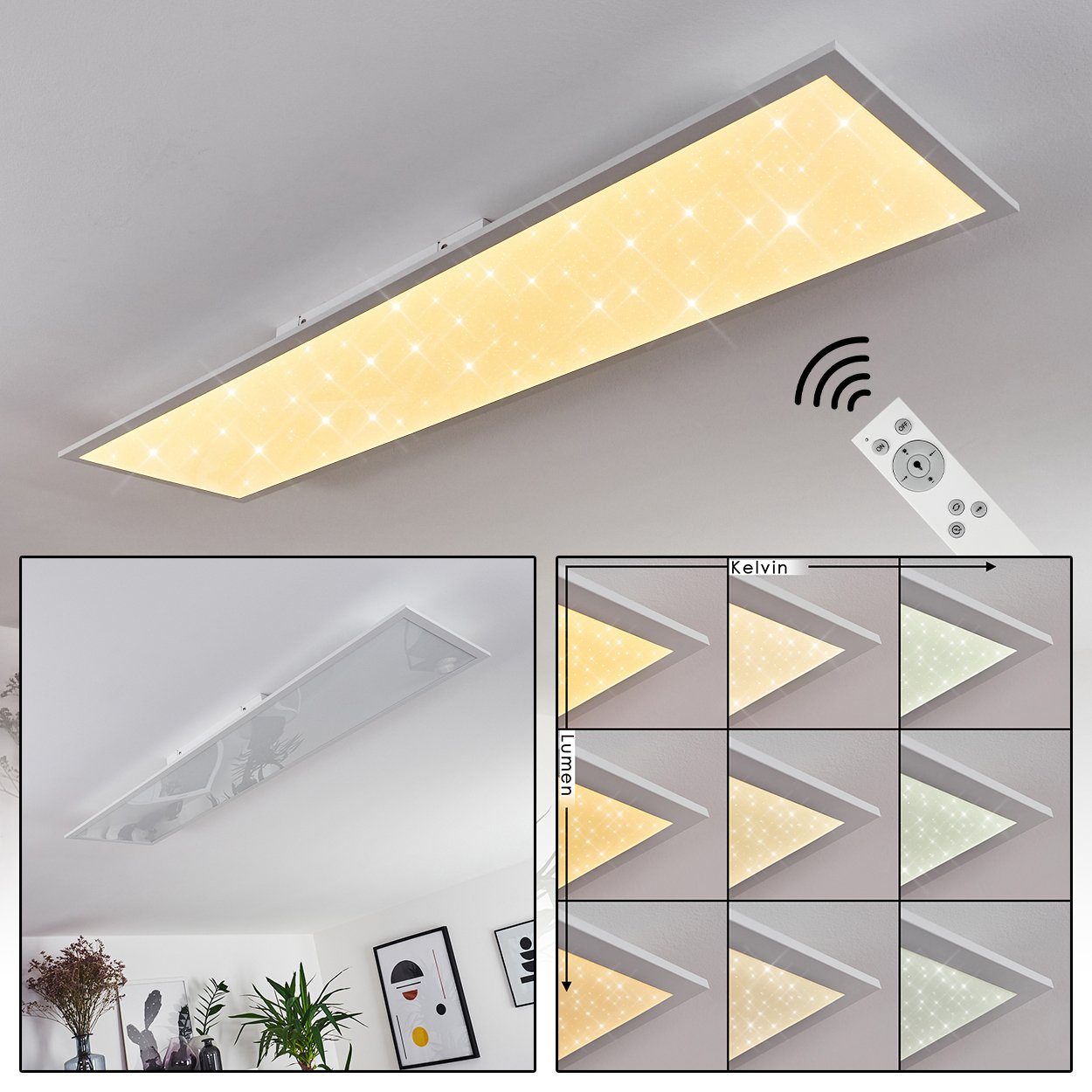 Lumen Panel einstellbar,2870 »Lioni« CCT Metall/Kunststoff hofstein dimmbares aus Kelvin, Sternenhimmel-Effekt,Helligkeit,Fernbedienung Weiß, 2700-5000 in Deckenleuchte