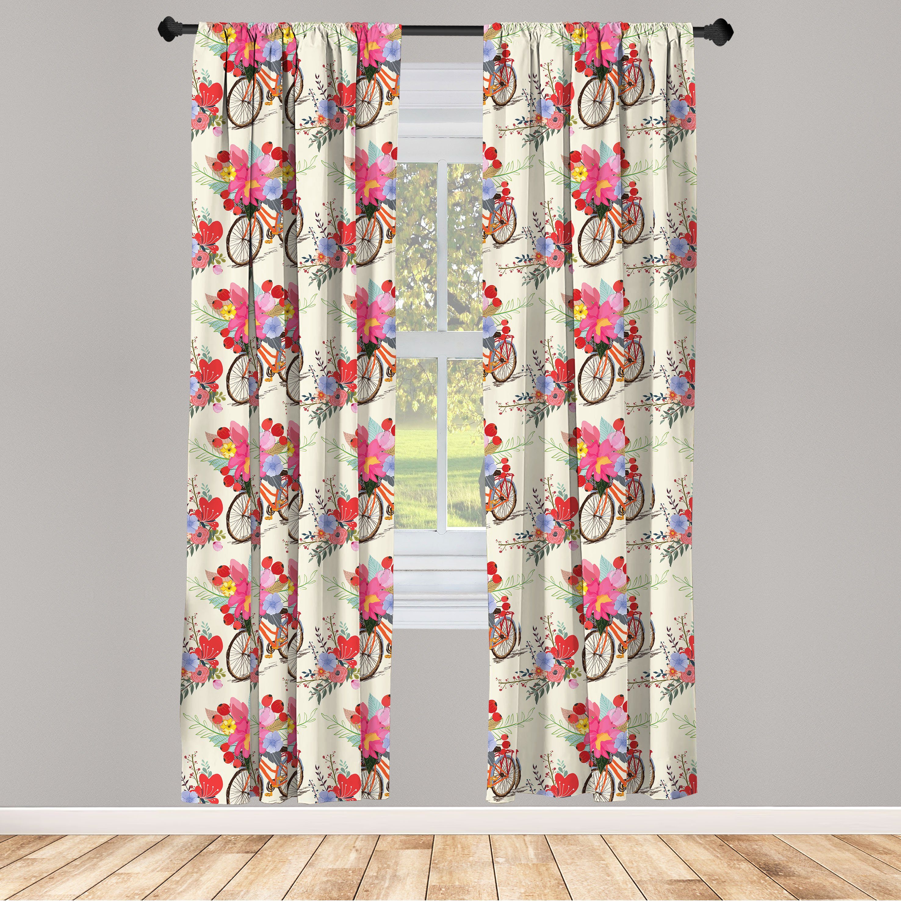 Gardine Vorhang für Wohnzimmer Schlafzimmer Dekor, Abakuhaus, Microfaser, Frühling Blumen und Fahrrad-Muster