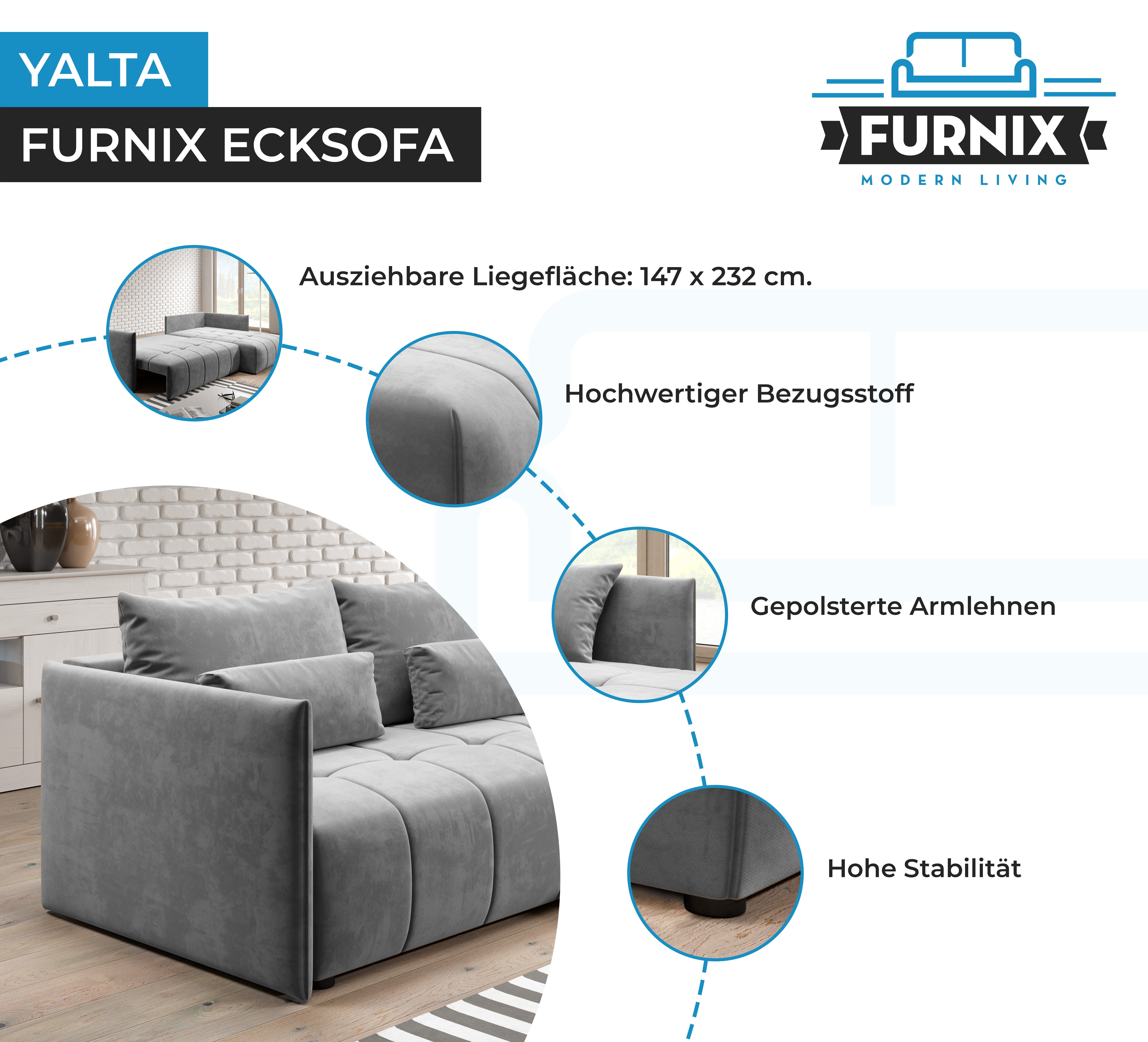 Furnix Ecksofa YALTA Made Kissen, ausziehbar und Europe in Schlafsofa MH mit Bettkasten Couch 84 Hellgrau
