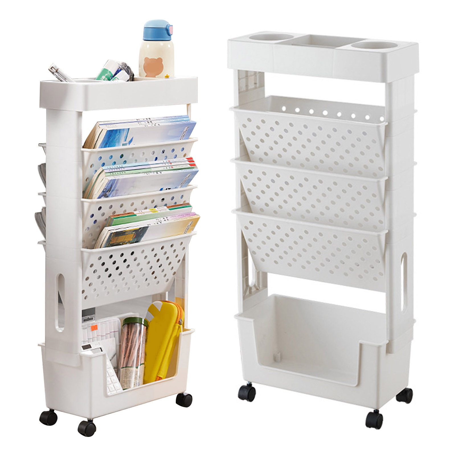 Rutaqian Bücherregal Mobiles Bücherregal mit Rollen, Kunststoff 5-schichtiges Organiser, Kinder-Bücherwagen, Standregal Raumteiler, Dokumentenwagen,Weiß