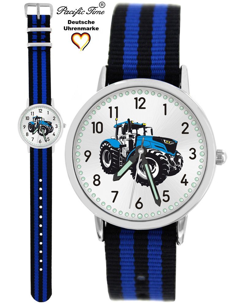 Pacific Time Quarzuhr Kinder Armbanduhr Traktor blau Wechselarmband, Mix und Match Design - Gratis Versand schwarz blau gestreift | Quarzuhren