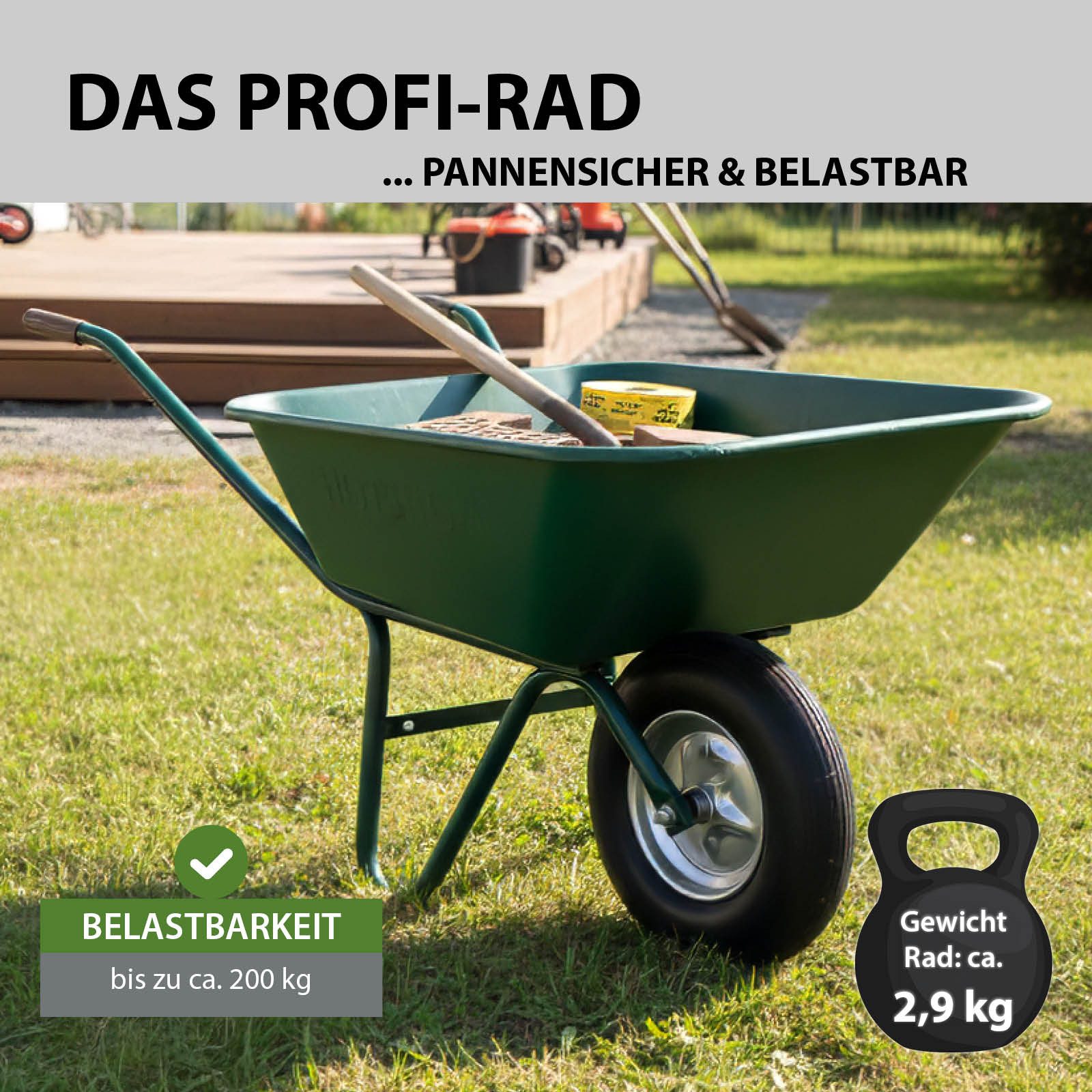 TRUTZHOLM Schubkarren-Rad Schubkarrenrad Vollgummi Pannensicher mit Achse PU Stahlfelge 200kg, Vollgummi