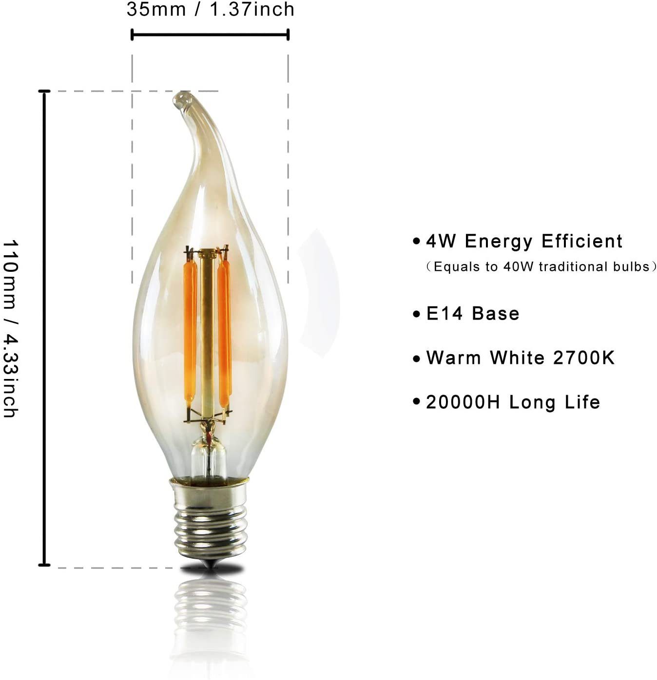 E14, Dimmbar Nicht Retro Dekorative 4W Warmweiß E14 Glühbirne C35L Antike, ZMH C35l-gold LED-Leuchtmittel 6 Kerzenbirne St., 3000k, 6X