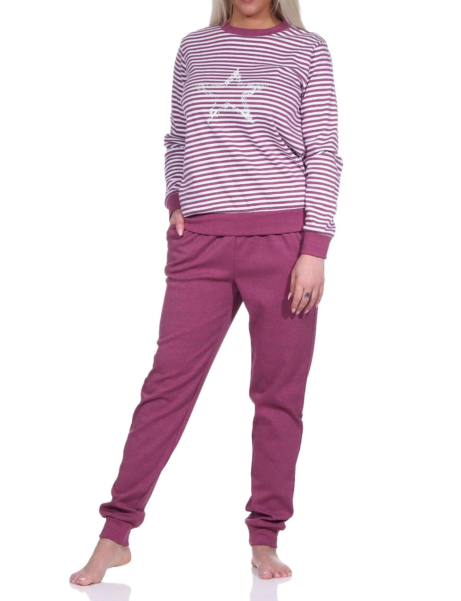 Normann Pyjama Kuscheliger Damen Schlafanzug lang mit Bündchen und Sternenmotiv