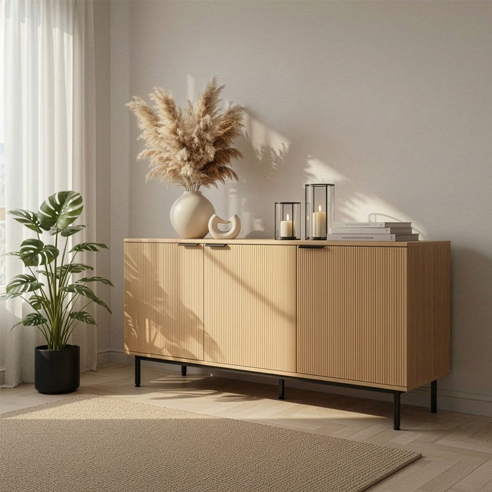 HOME DELUXE Sideboard NYLA, Elegante Stauraumoption, Kommode Natur, Holzoptik, Rillenmuster