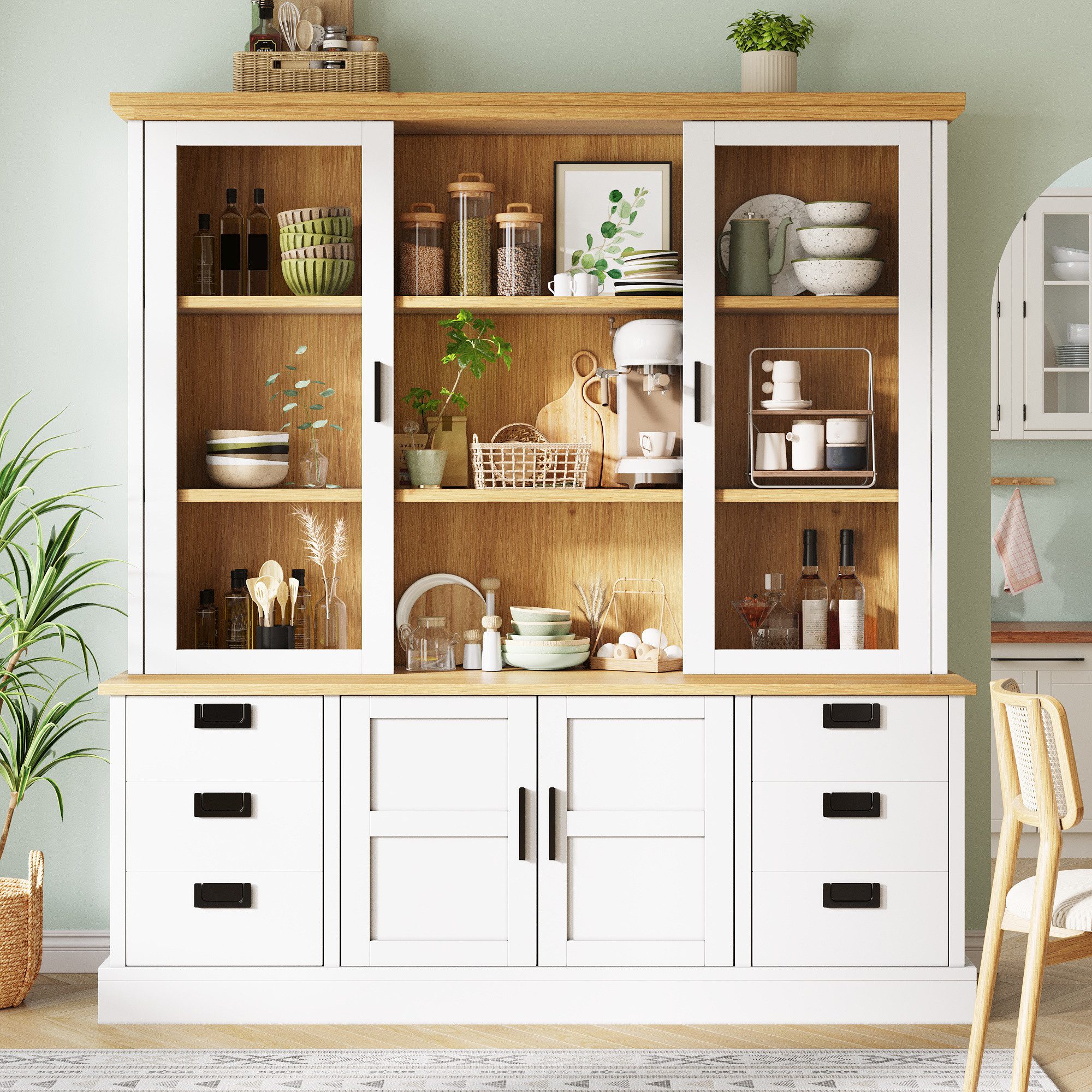 Flieks Küchenbuffet Glasvitrine Hochschrank mit 2 Glastüren und 6 Schubladen (1-St., B140/T40/H185 cm) Mehrzweckschrank Multifunktionsschrank Bücherregal Weiß & Natur
